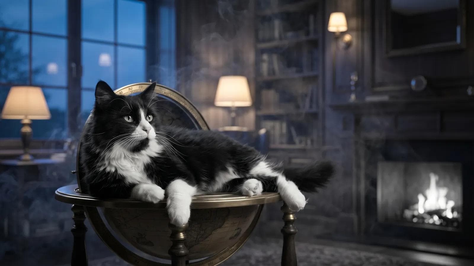 Tuxedo cat lying on a globe stand in a candlelit library beside a fireplace