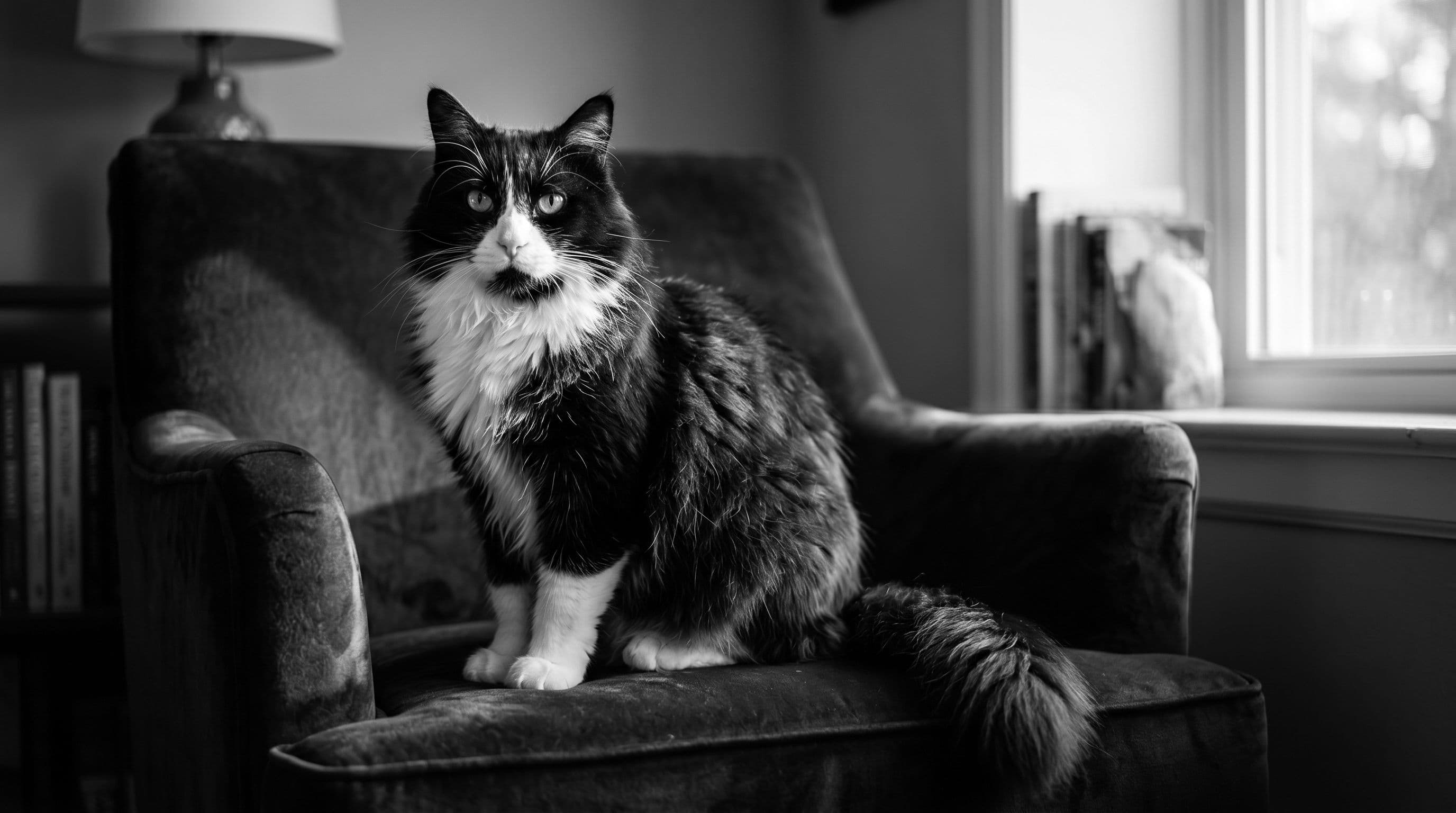 Tuxedo cat with white chest bib sitting upright on a dark velvet armchair in warm golden indoor light.