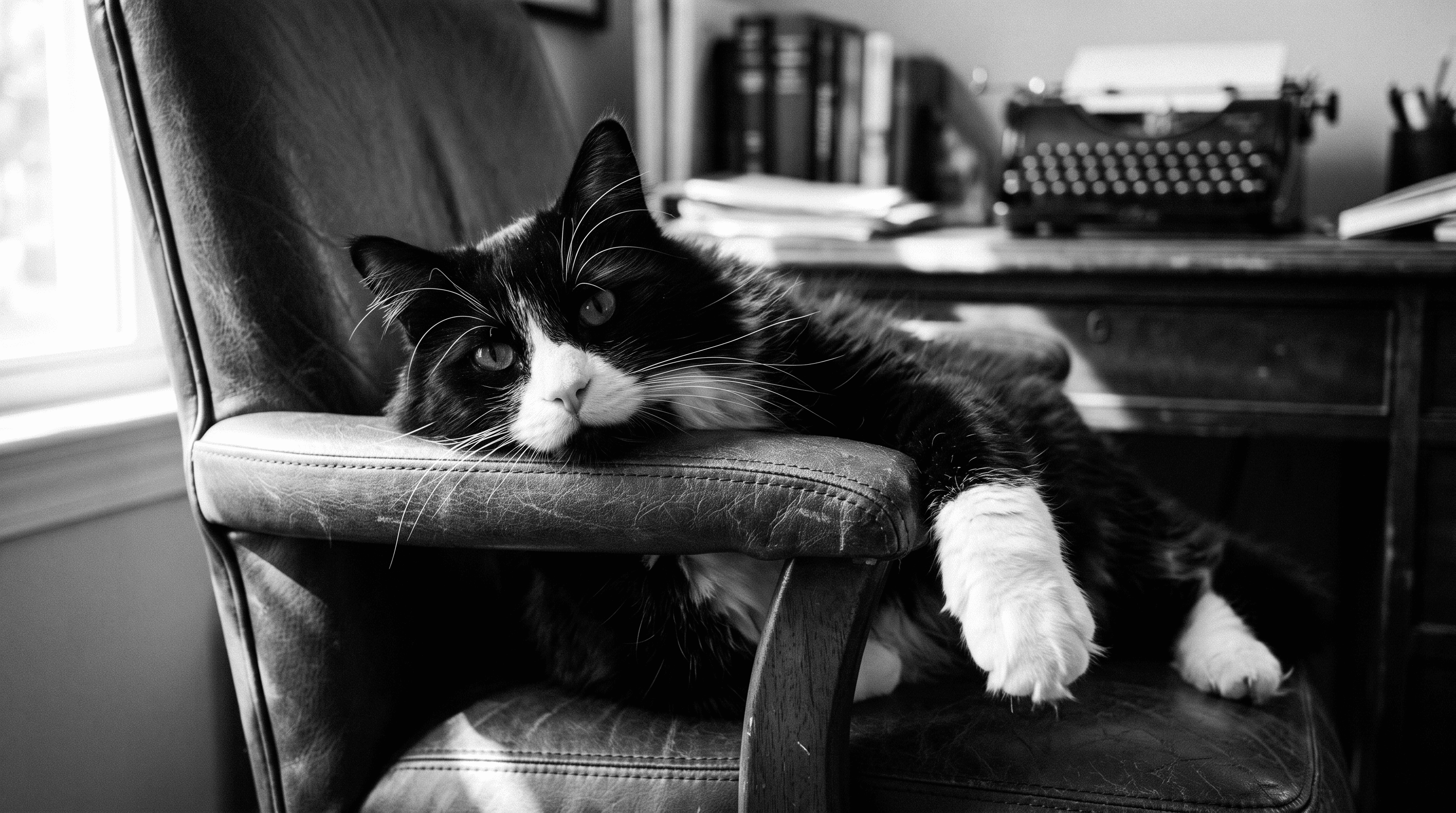 Tuxedo cat occupies desk chair, paw hanging off edge, chin on leather armrest