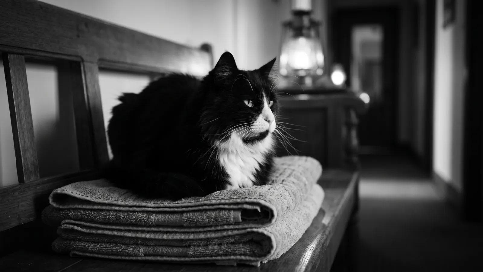 Tuxedo cat curled on folded towels on a wooden hallway bench beside a lit lantern