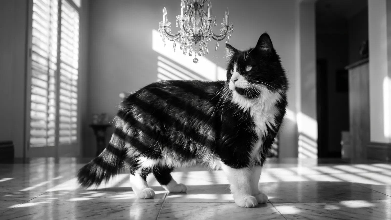Tuxedo cat walking across a sunlit marble floor beneath a crystal chandelier