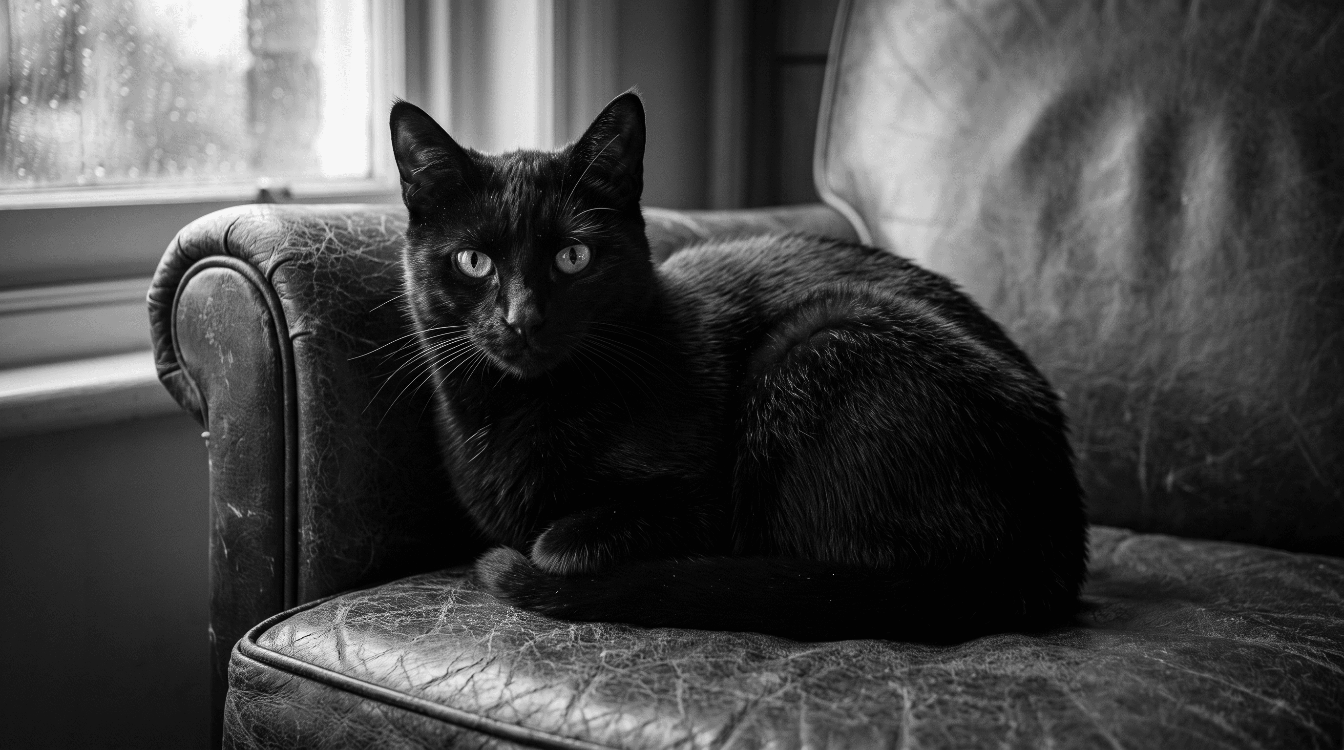 A small black cat with one white patch sits composed and still on leather furniture