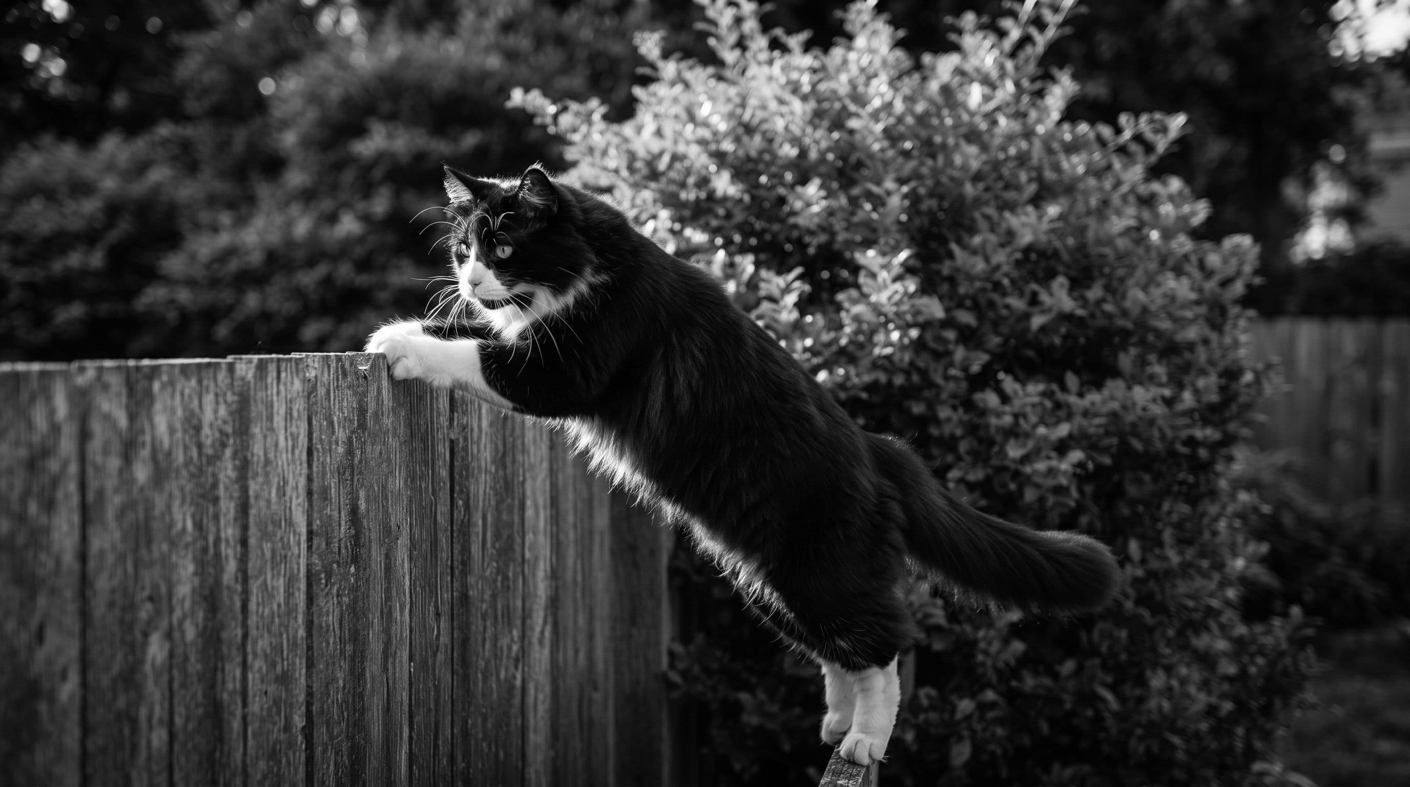 Black-and-white tuxedo cat jumping onto a wooden garden fence with green bushland in the background during golden hour