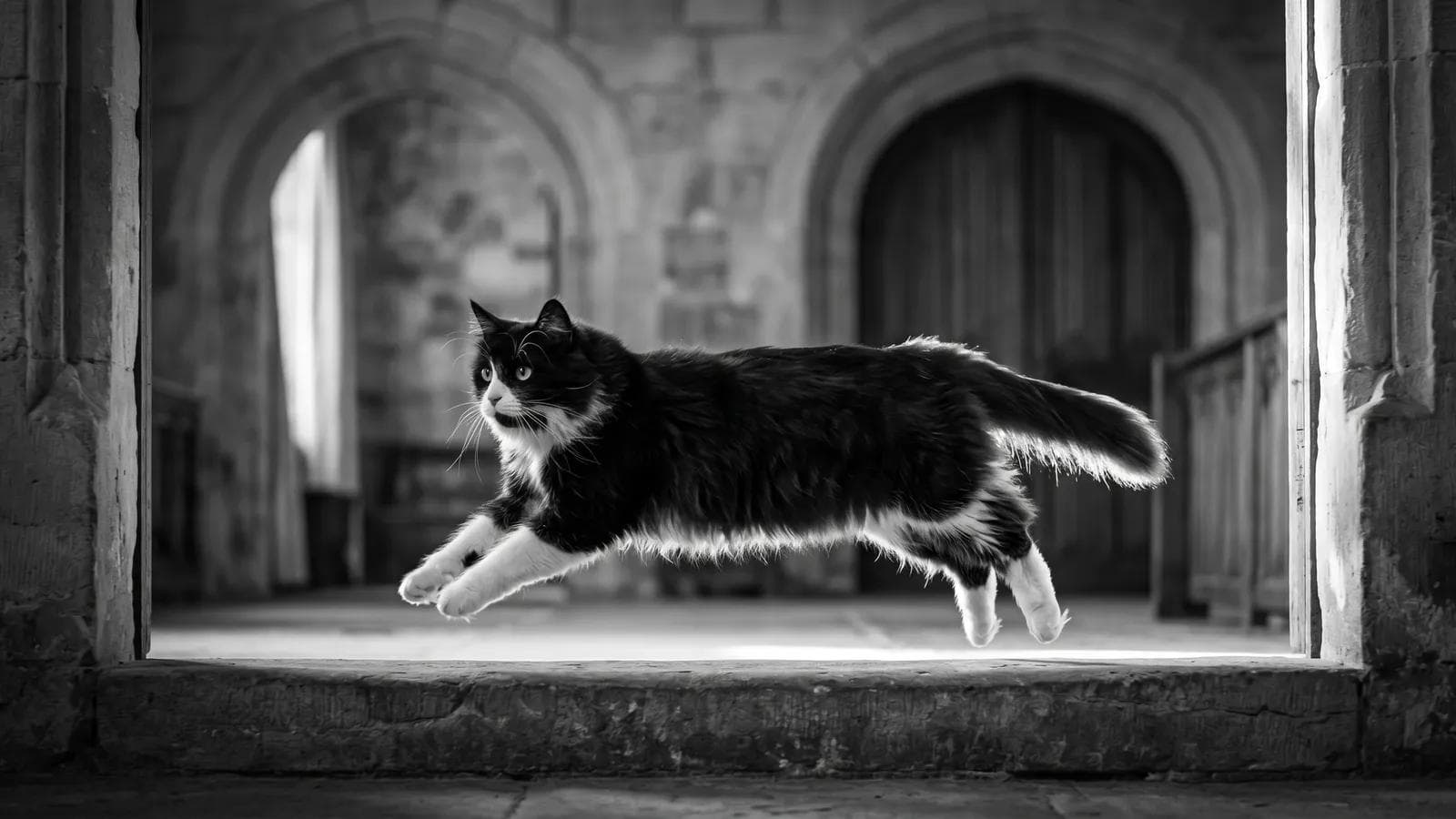 Tuxedo cat leaping through a stone archway doorway