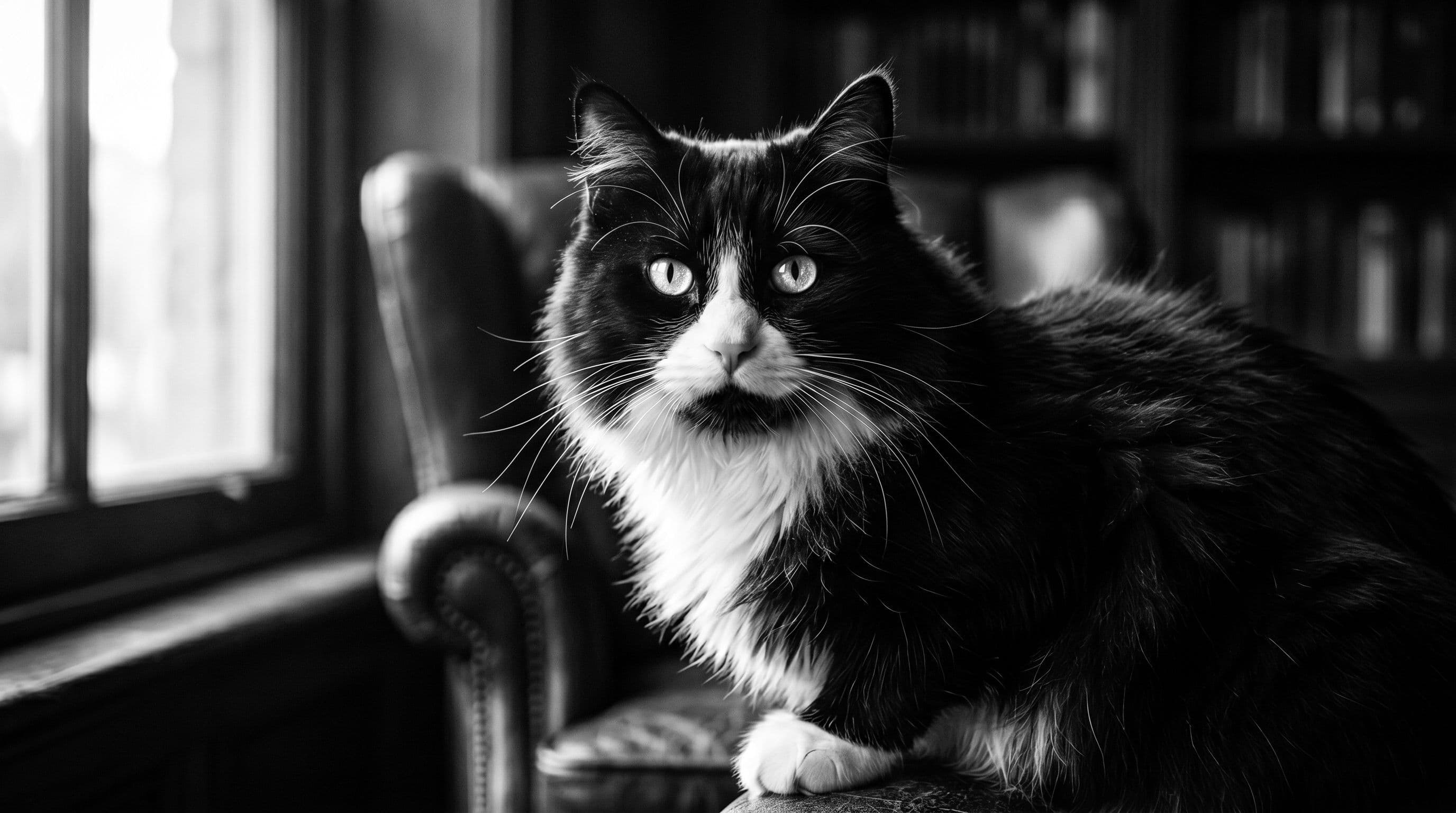 Tuxedo cat sitting on a leather armchair in a library