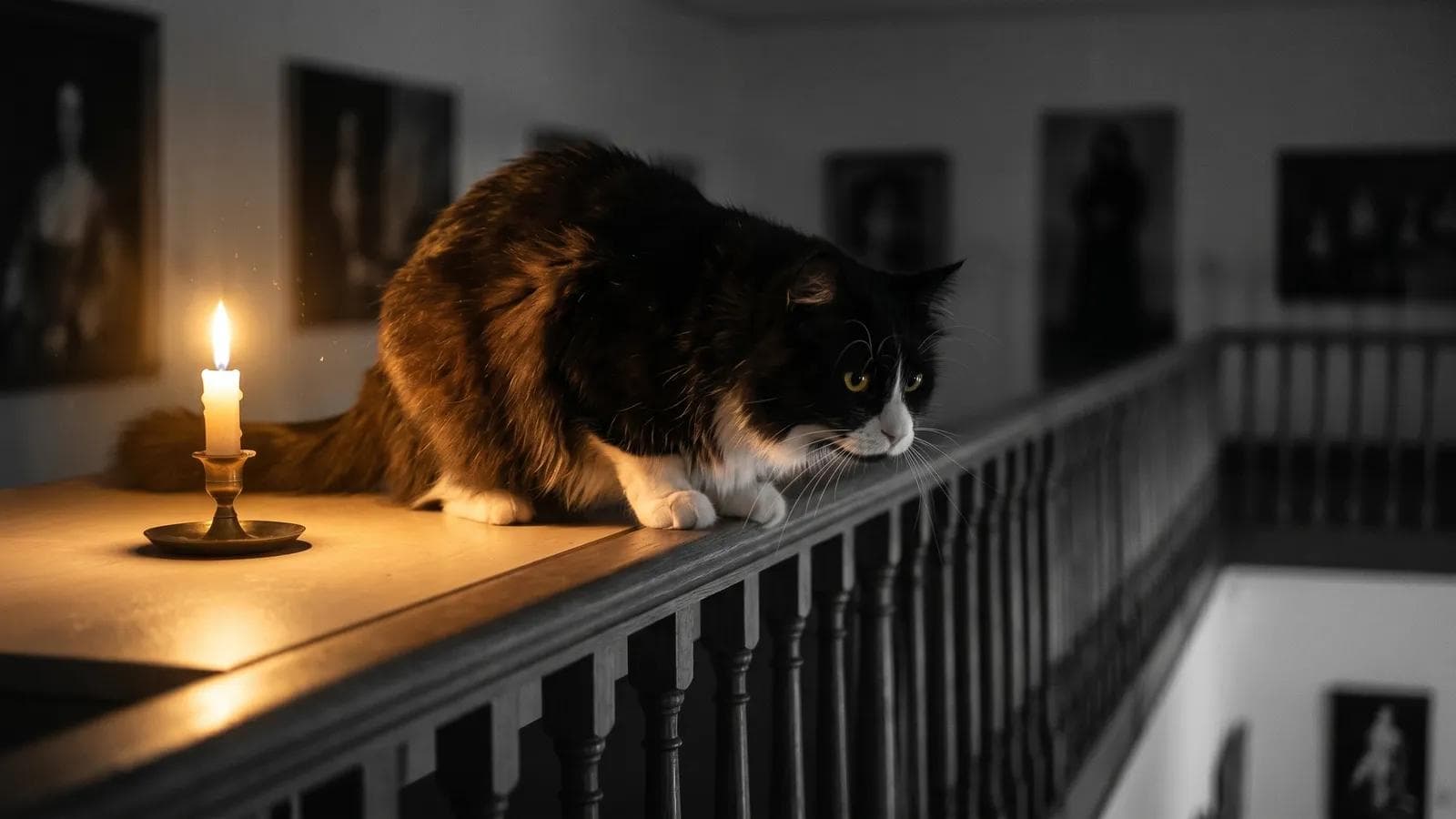 Tuxedo cat walking along a banister rail beside a lit candle and framed portraits