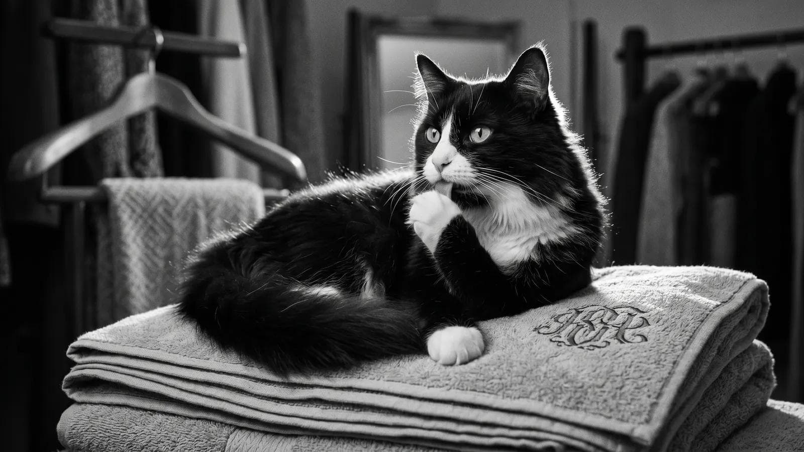 Tuxedo cat lying on a stack of monogrammed towels near a clothing rack