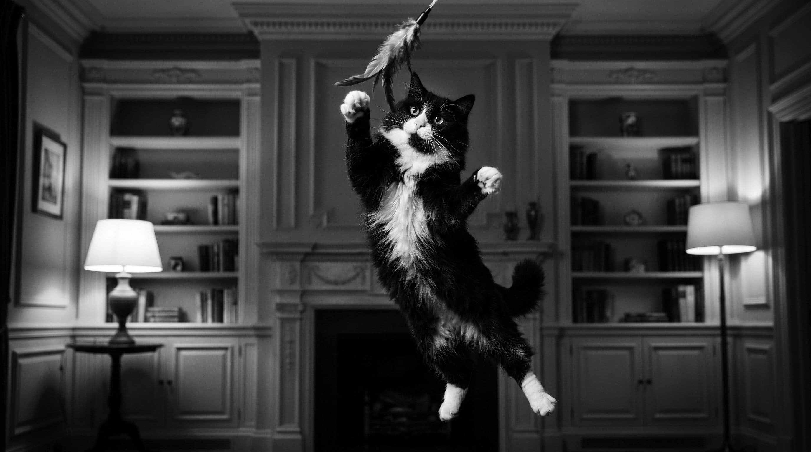 Tuxedo cat mid-leap chasing a feather toy in a softly lit living room during an evening play session