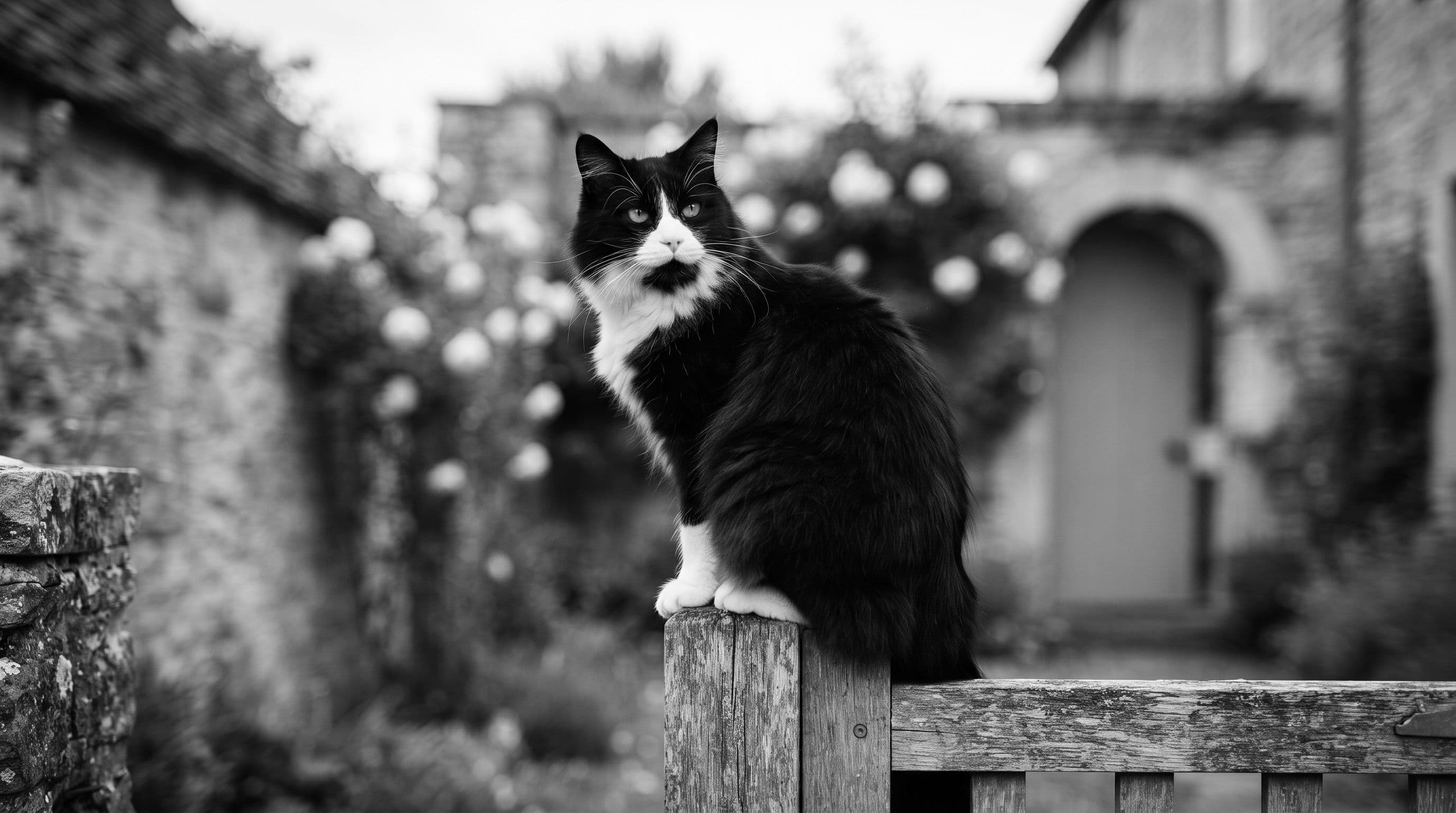 Tuxedo cat sitting on top of a low pedestrian garden gate looking back smugly after finding a gap in the containment system