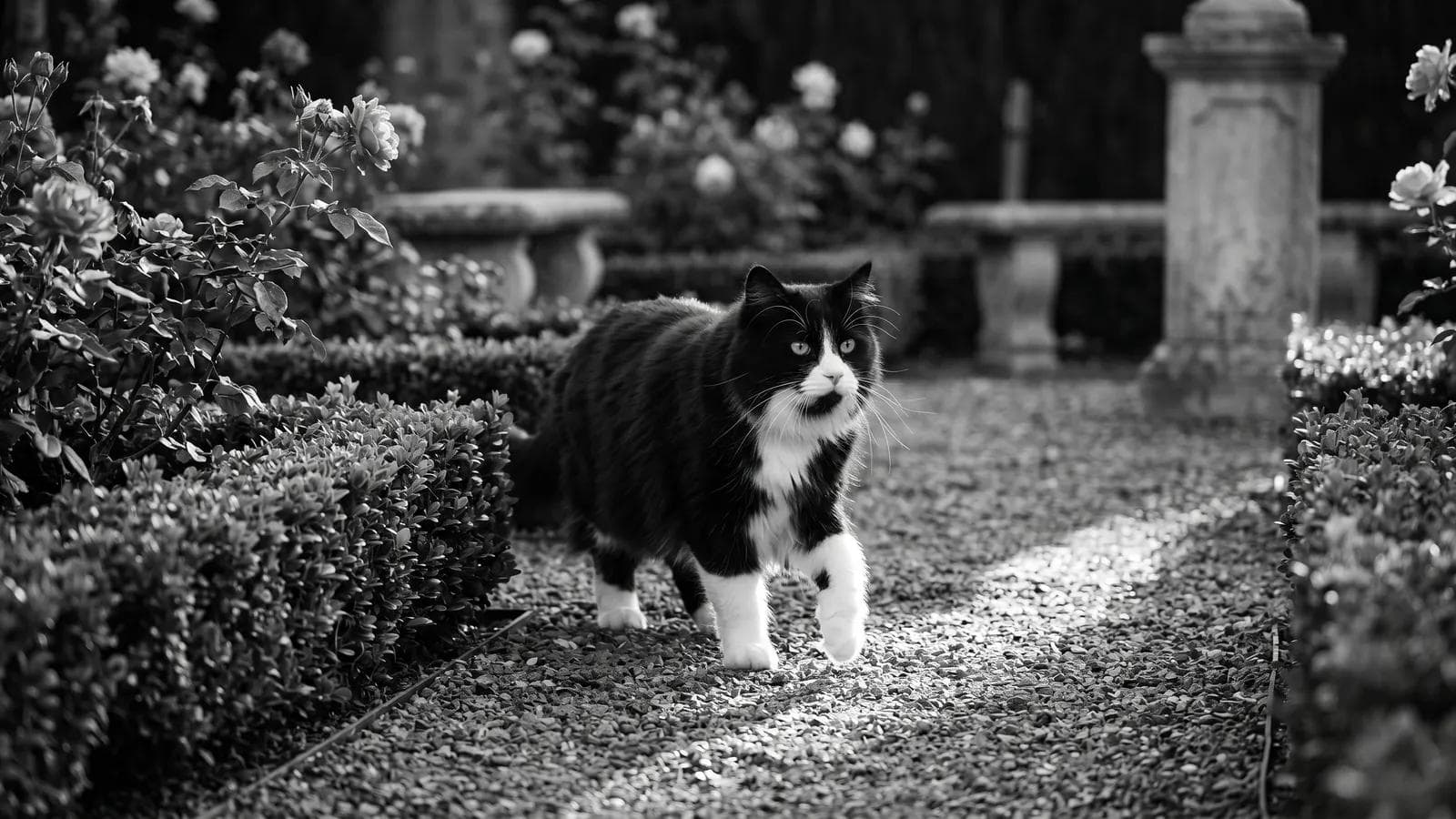 Tuxedo cat walking along a gravel path through a rose garden