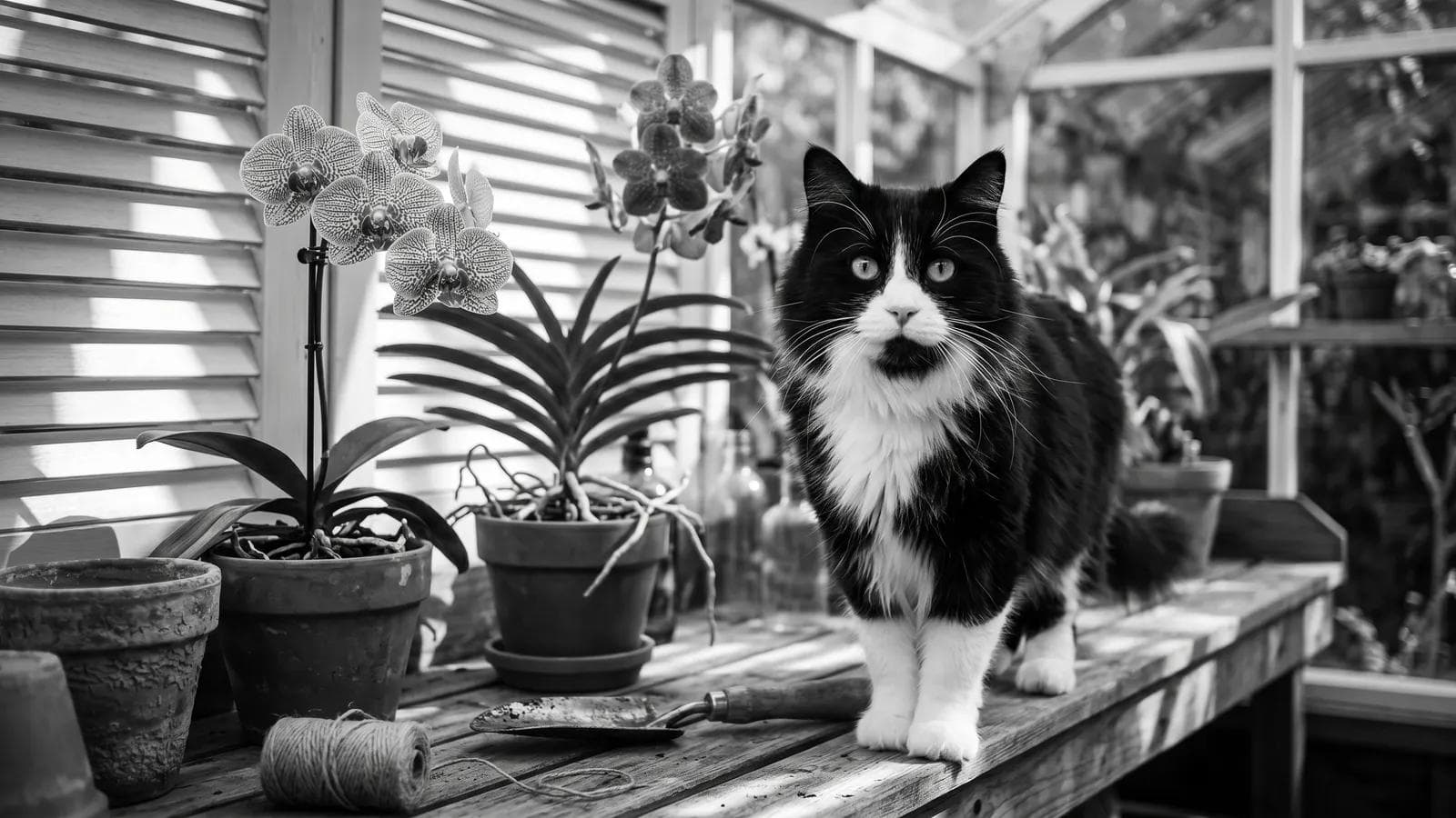 Tuxedo cat standing among potted orchids on a potting bench in a greenhouse