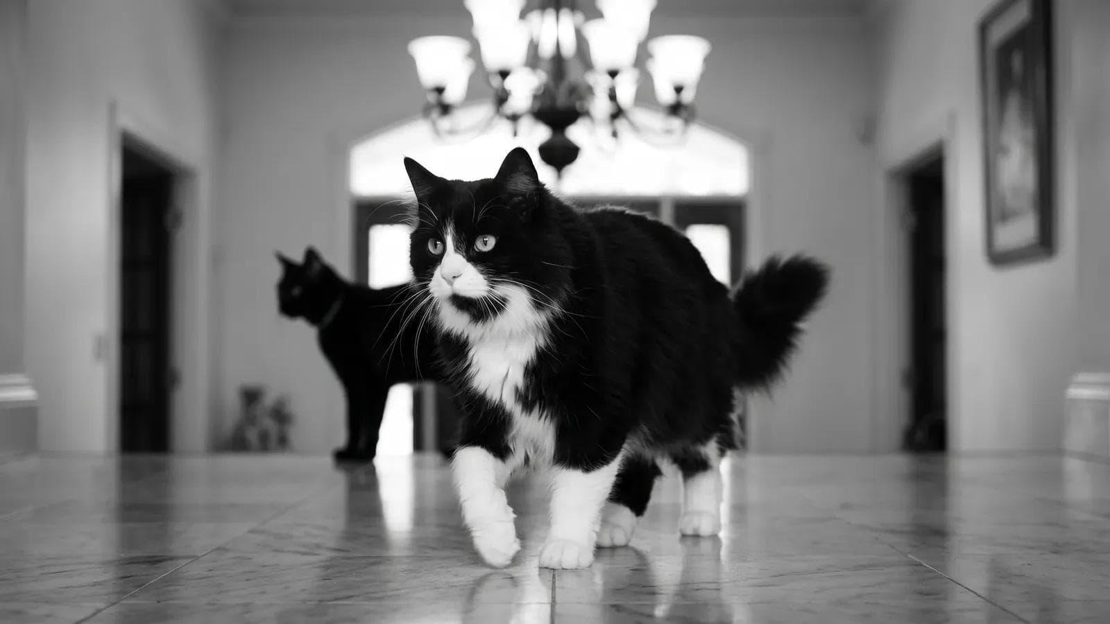 Tuxedo cat walking across a marble hallway floor beneath a chandelier, with a black cat visible in the background