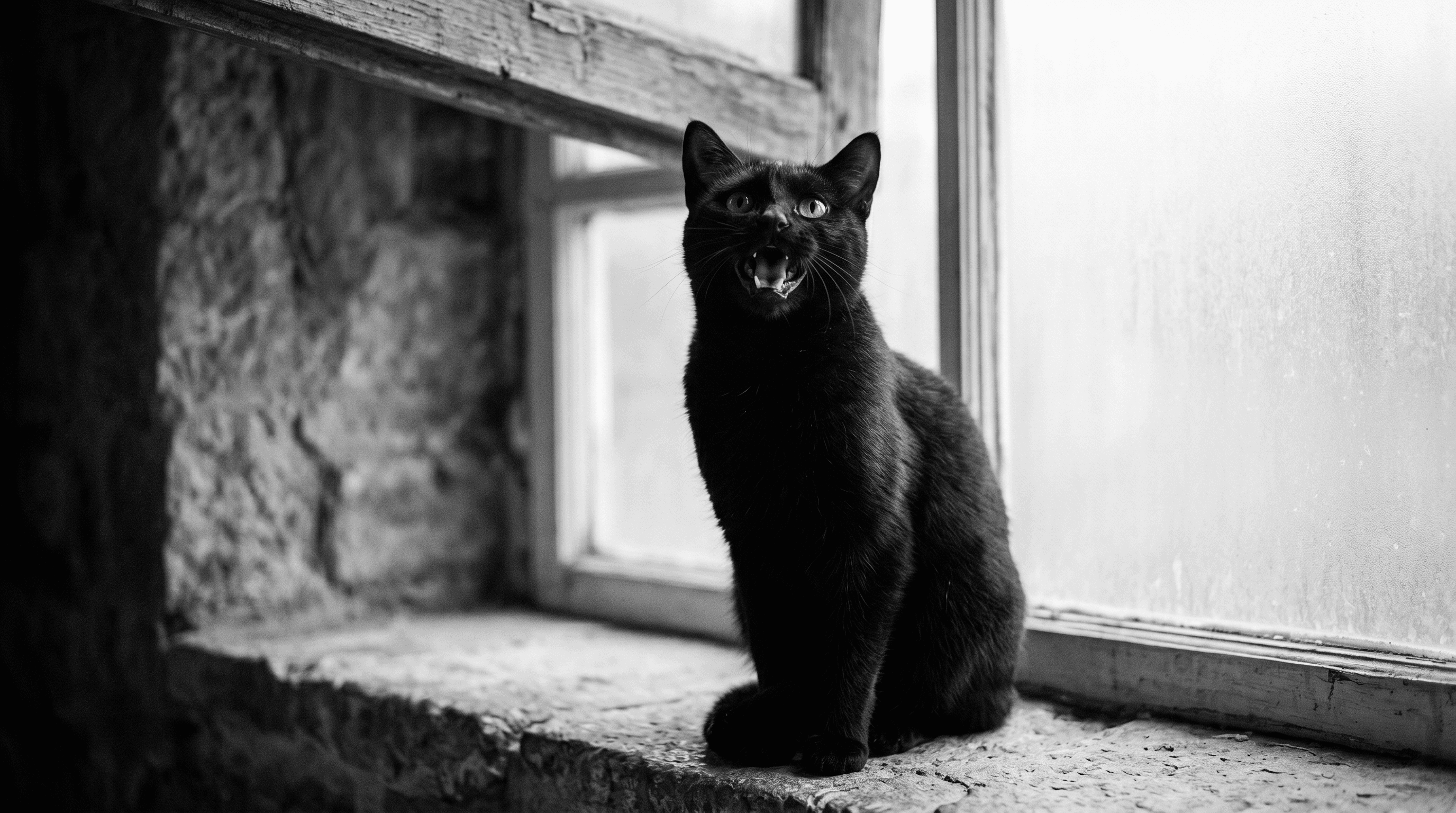 Black cat sitting on a stone windowsill mid-meow, rain streaking the window behind
