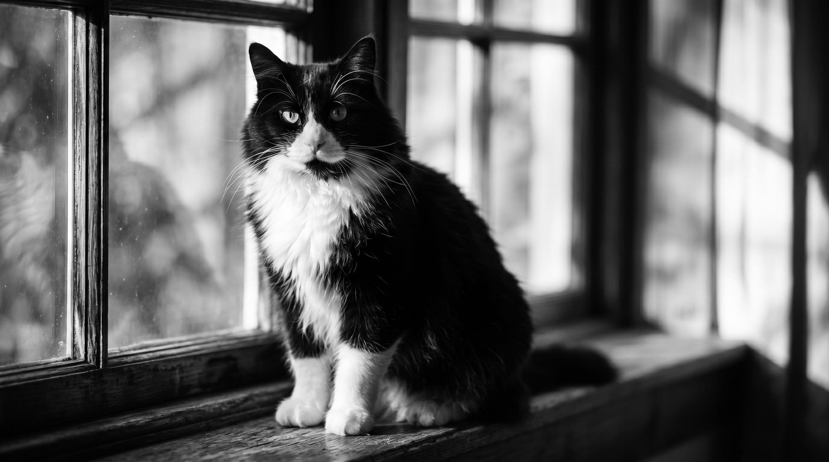 Tuxedo cat sitting on a wooden windowsill looking outside
