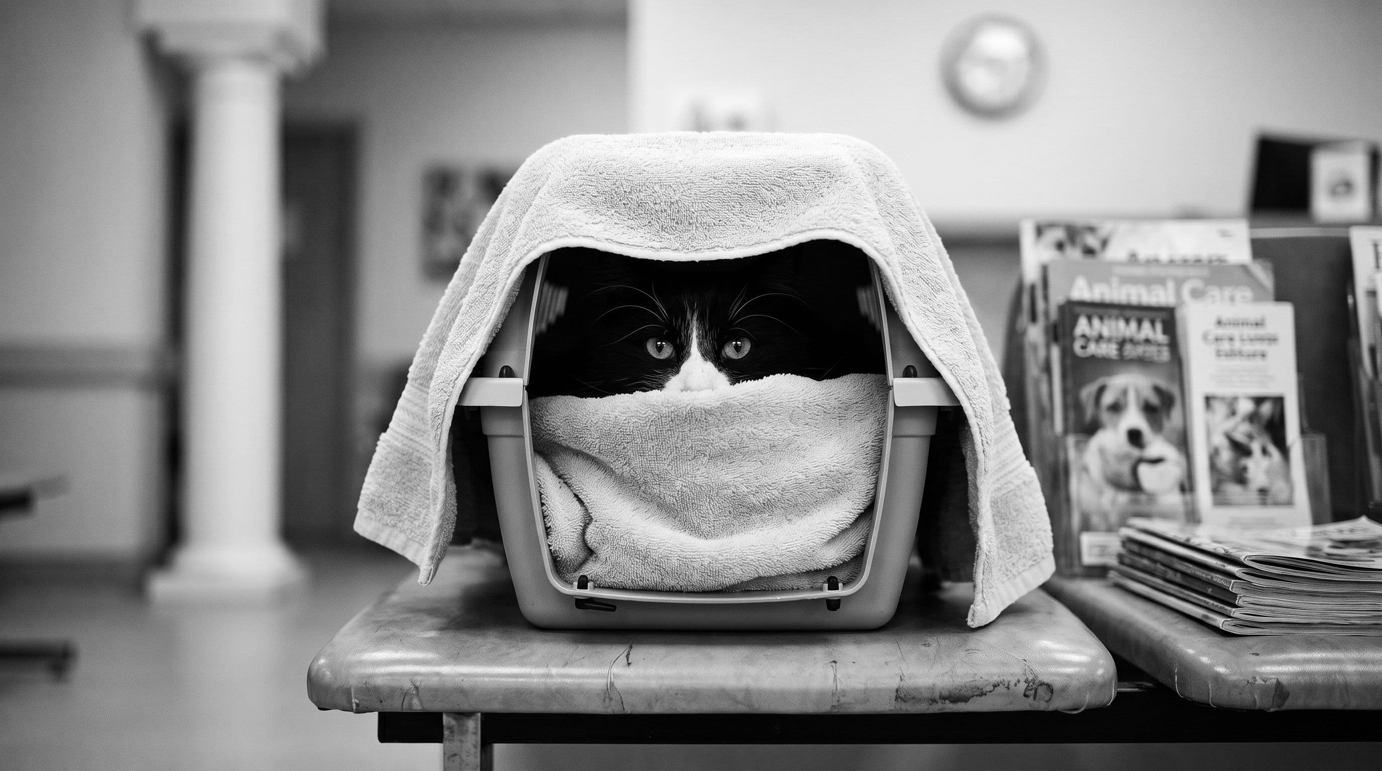 Black-and-white tuxedo cat peering out from a towel-covered carrier set on a veterinary clinic bench with green-yellow eyes glowing through a small gap