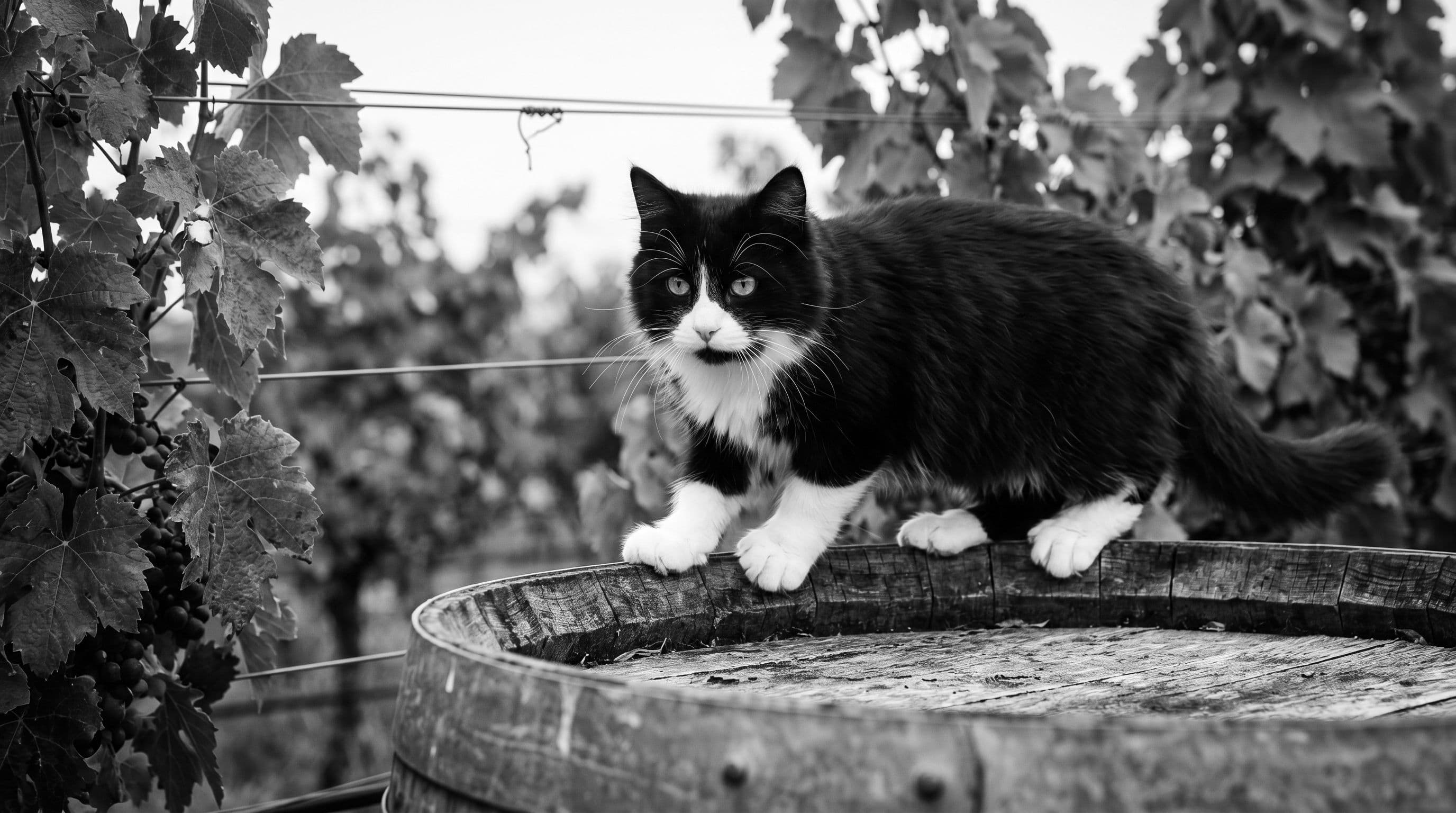 A small black-and-white tuxedo kitten standing on a wooden barrel in a sunlit vineyard, looking outward with bright curious eyes.