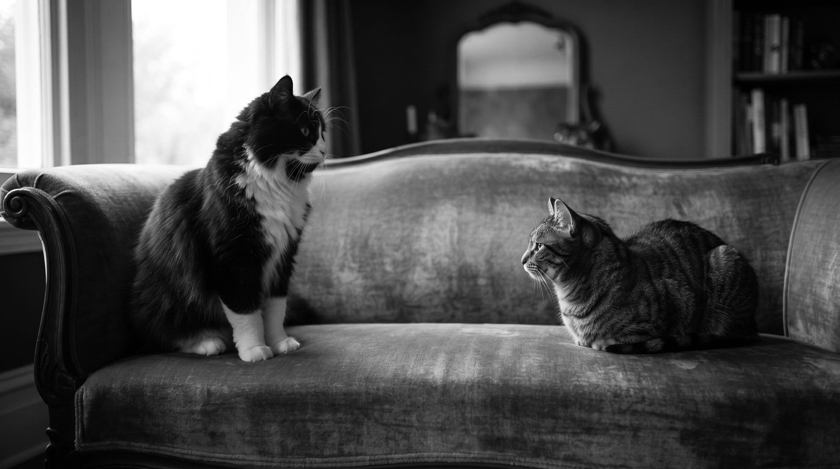 A tuxedo cat sits alert at one end of a velvet sofa while a brown tabby cat rests at the other end, facing each other