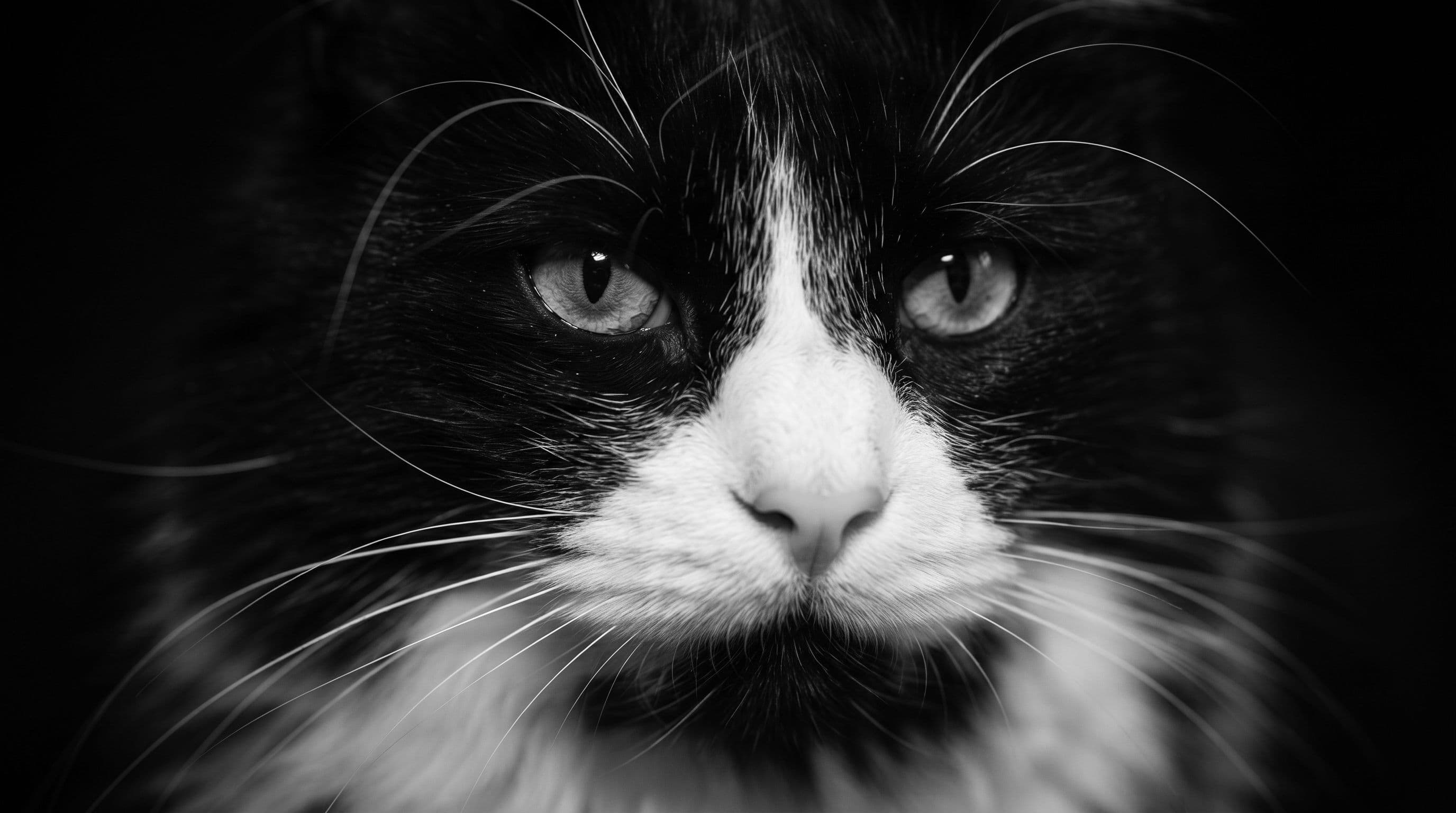 Close-up of a tuxedo cat's face in hard light showing crisp black and white fur edges, green-yellow eyes slightly narrowed