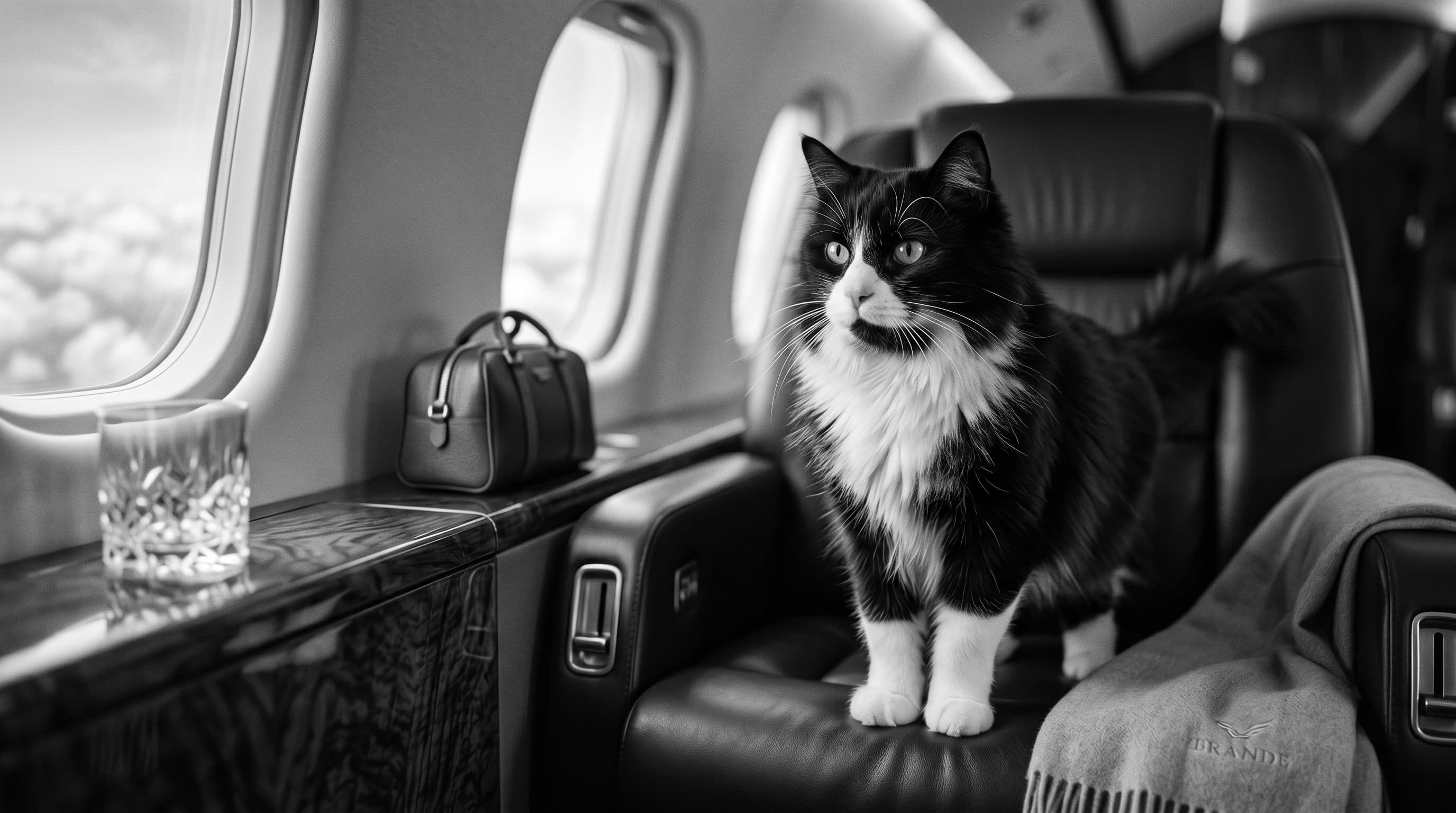 Tuxedo cat standing on a private jet seat beside a glass and a leather bag