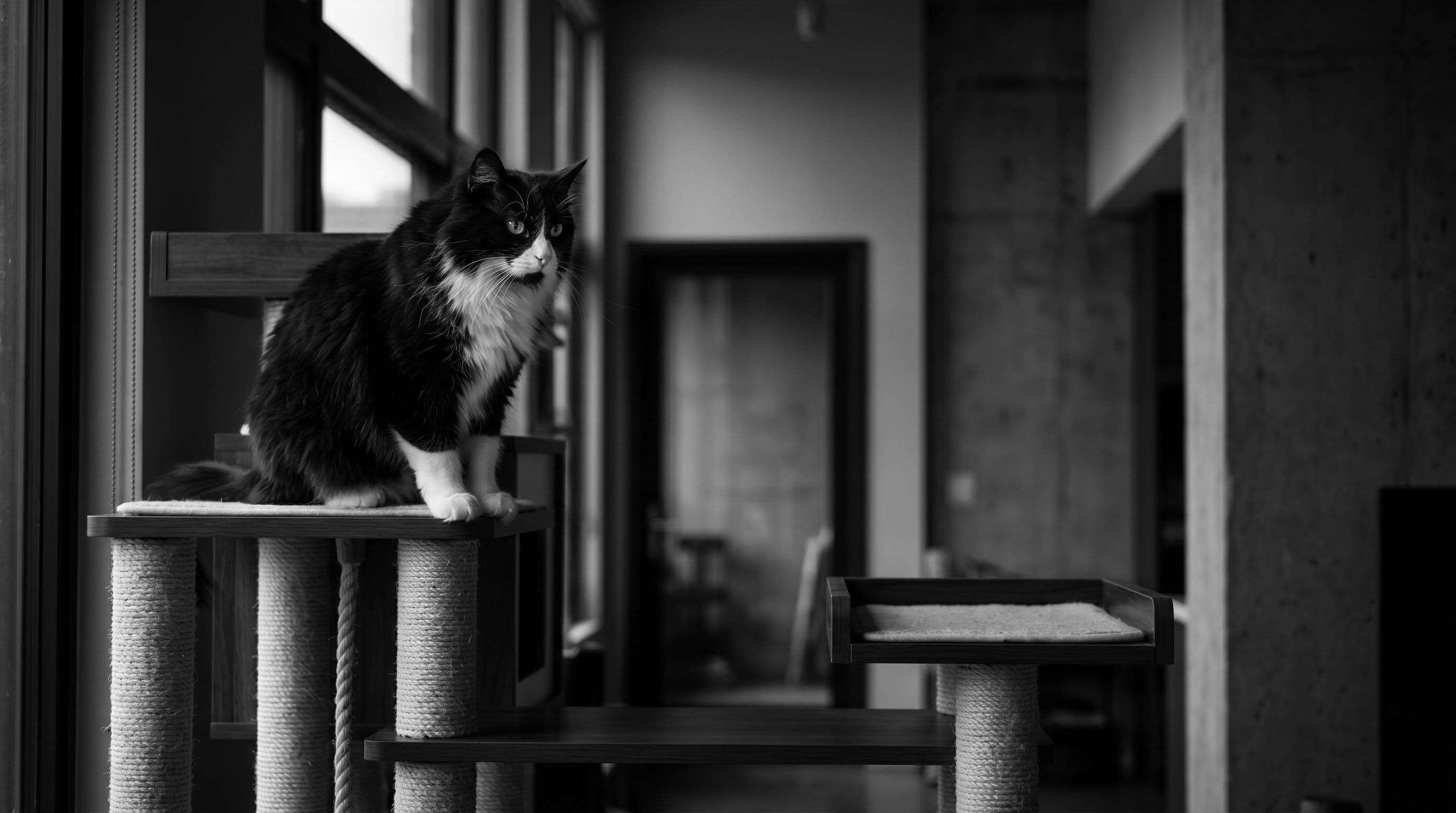 Tuxedo cat with white bib sitting on the upper platform of a tall cat tower, gazing at an unoccupied lower tier in soft evening light