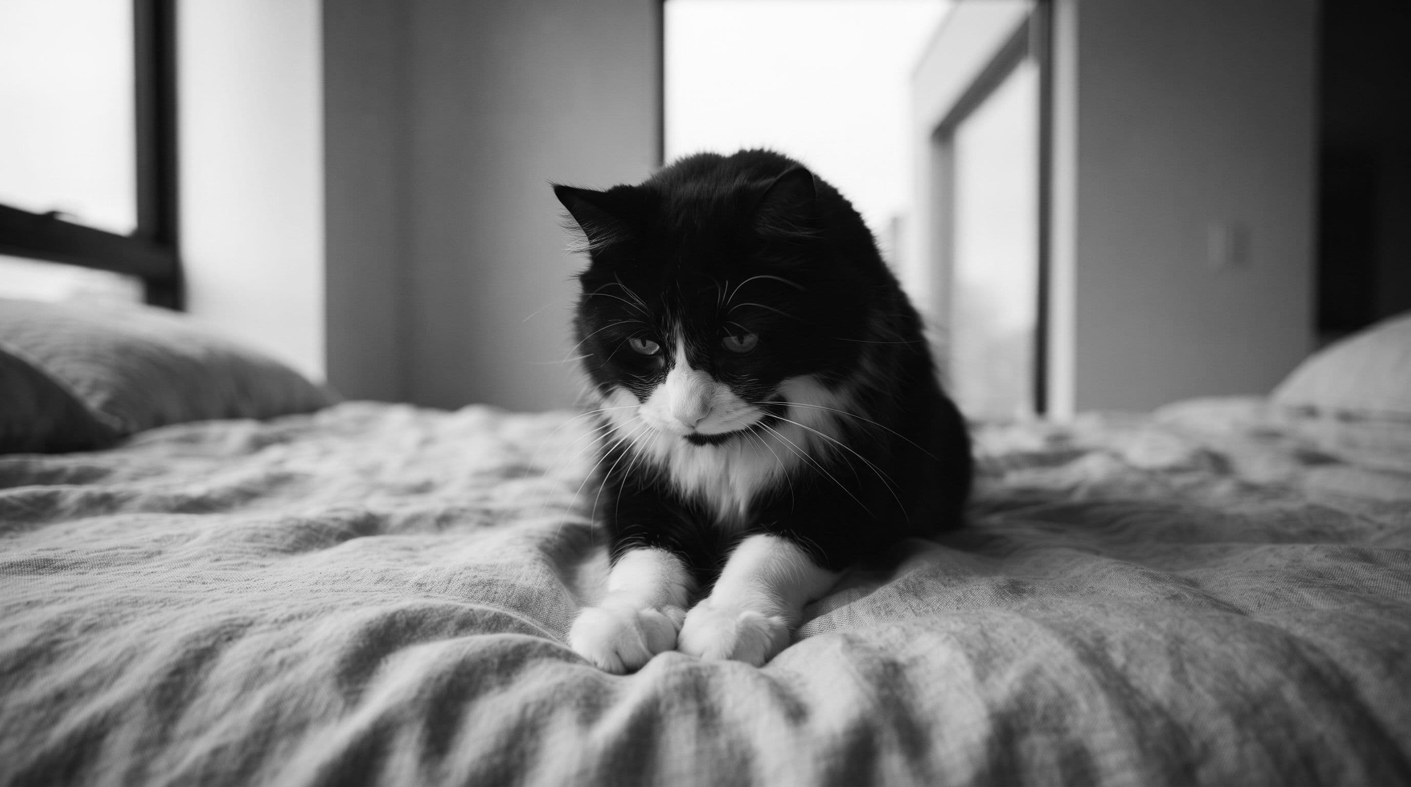 A tuxedo cat kneading white paws on rumpled linen bedding, chin lowered, eyes soft with habitual comfort.