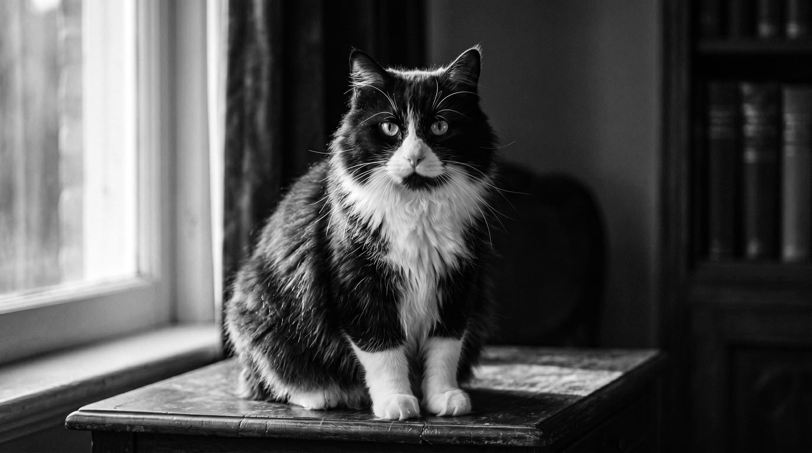 Tuxedo cat sitting on a wooden table beside a window and bookshelf