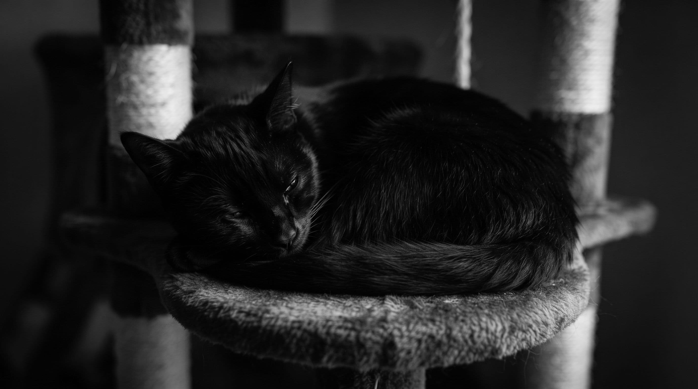 A small black cat sleeps curled on a tall cat tree, oblivious to surroundings