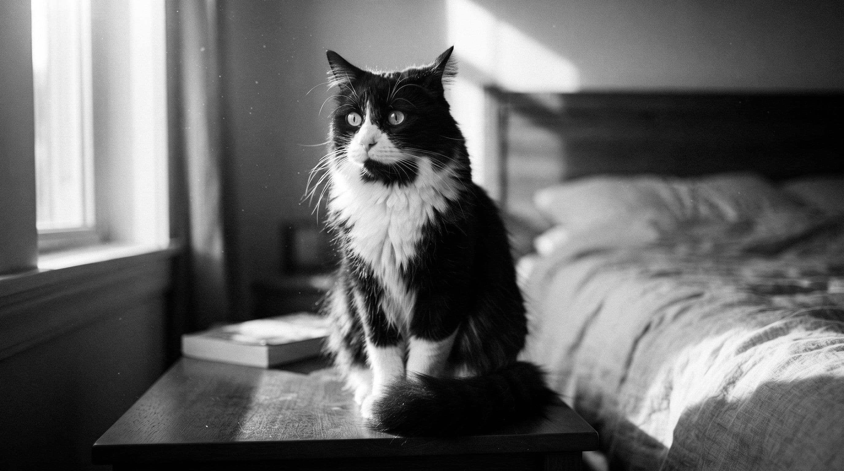 Tuxedo cat perched stiffly on a wooden bedside table with dilated pupils and tail tucked tightly around his body in a bright bedroom