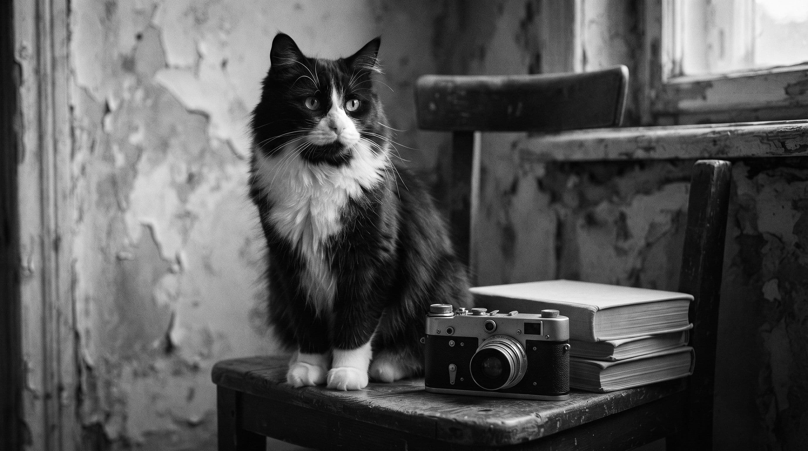 Tuxedo cat sitting on a chair beside a vintage camera and stacked books in a weathered room