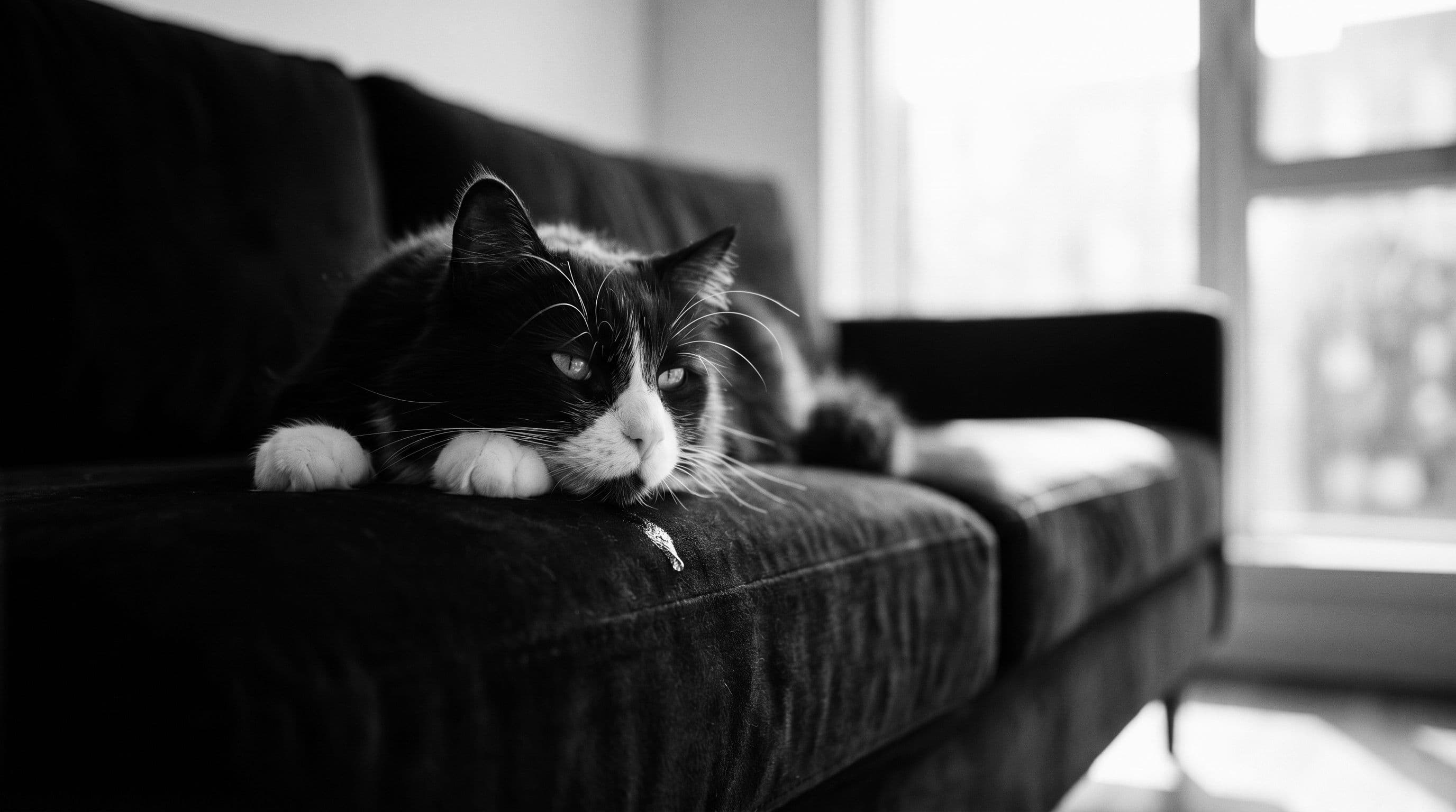 Tuxedo cat lounging on a dark velvet couch with a visible drool spot on the cushion below his chin