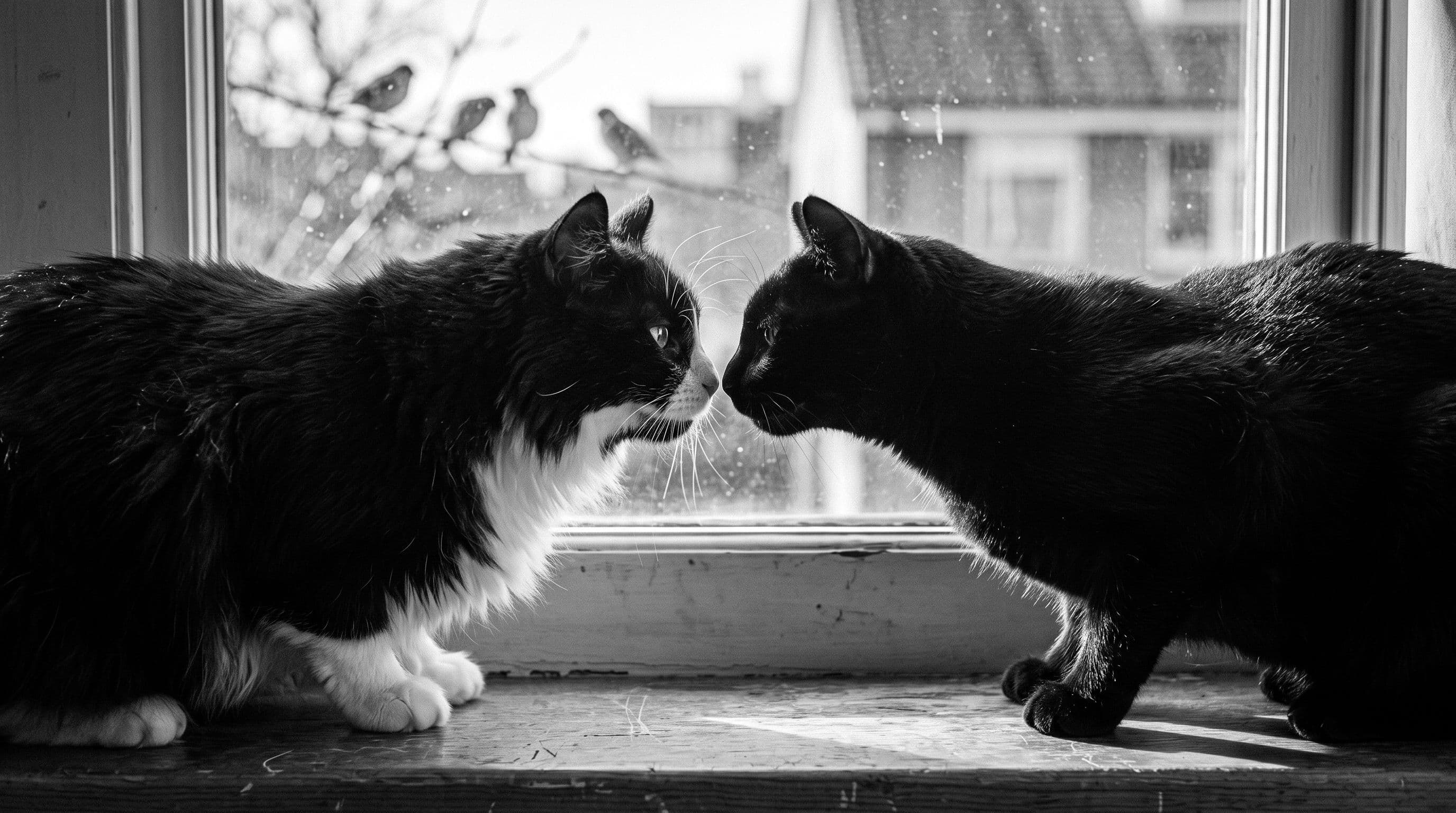 Black-and-white tuxedo cat and all-black cat sitting close together on a windowsill bathed in warm sunlight with birds outside the glass