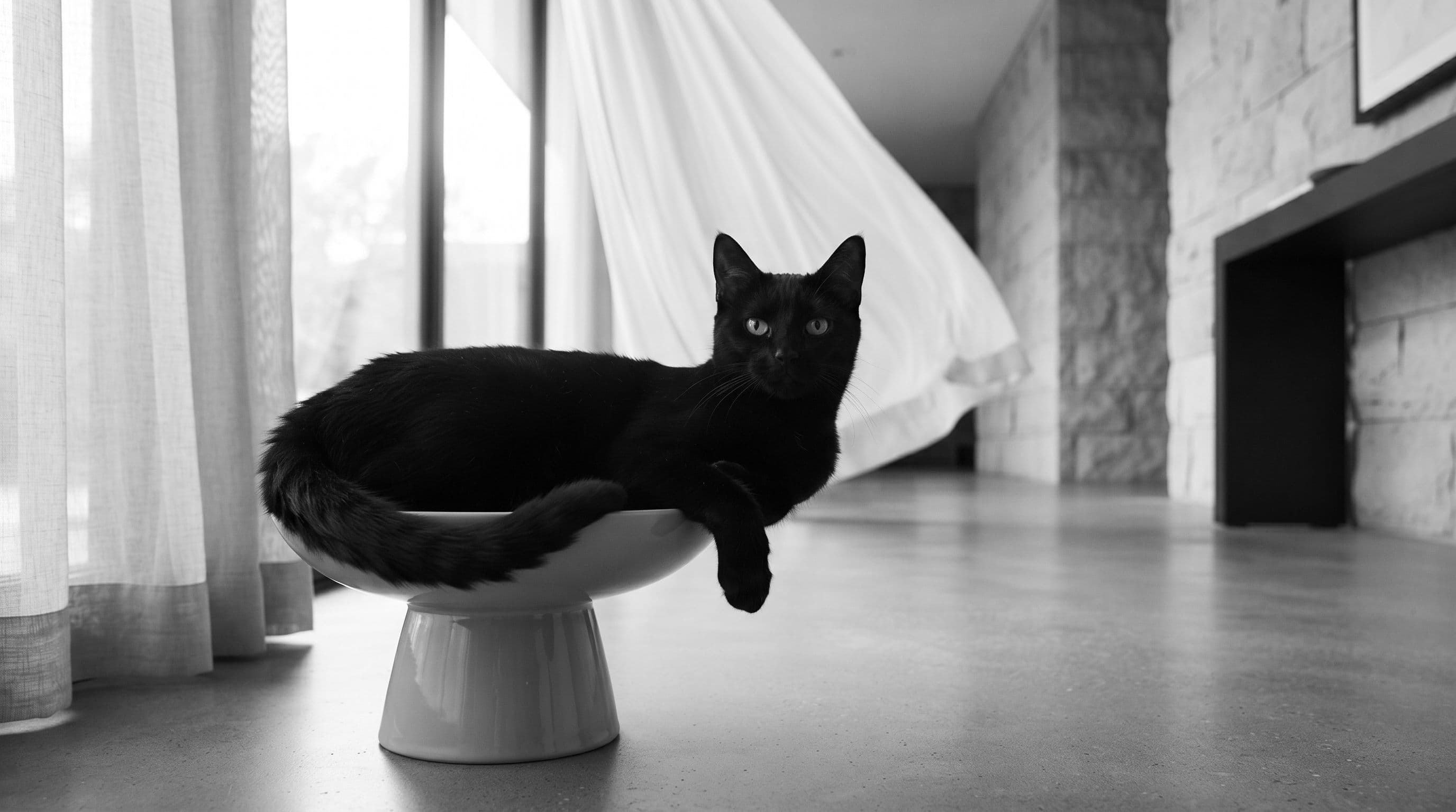 All-black cat resting near her dedicated ceramic water bowl on a raised stand in a breezy hallway