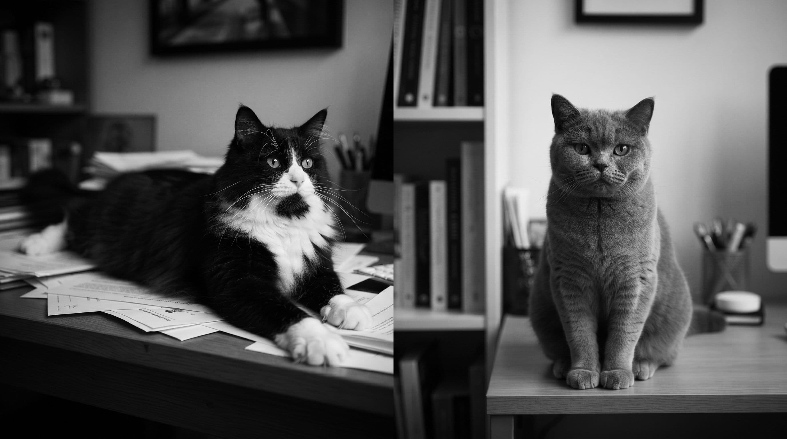 Tuxedo cat sprawled dramatically across a cluttered desk on the left, compared with a calm blue British Shorthair sitting neatly beside a pen on the right.