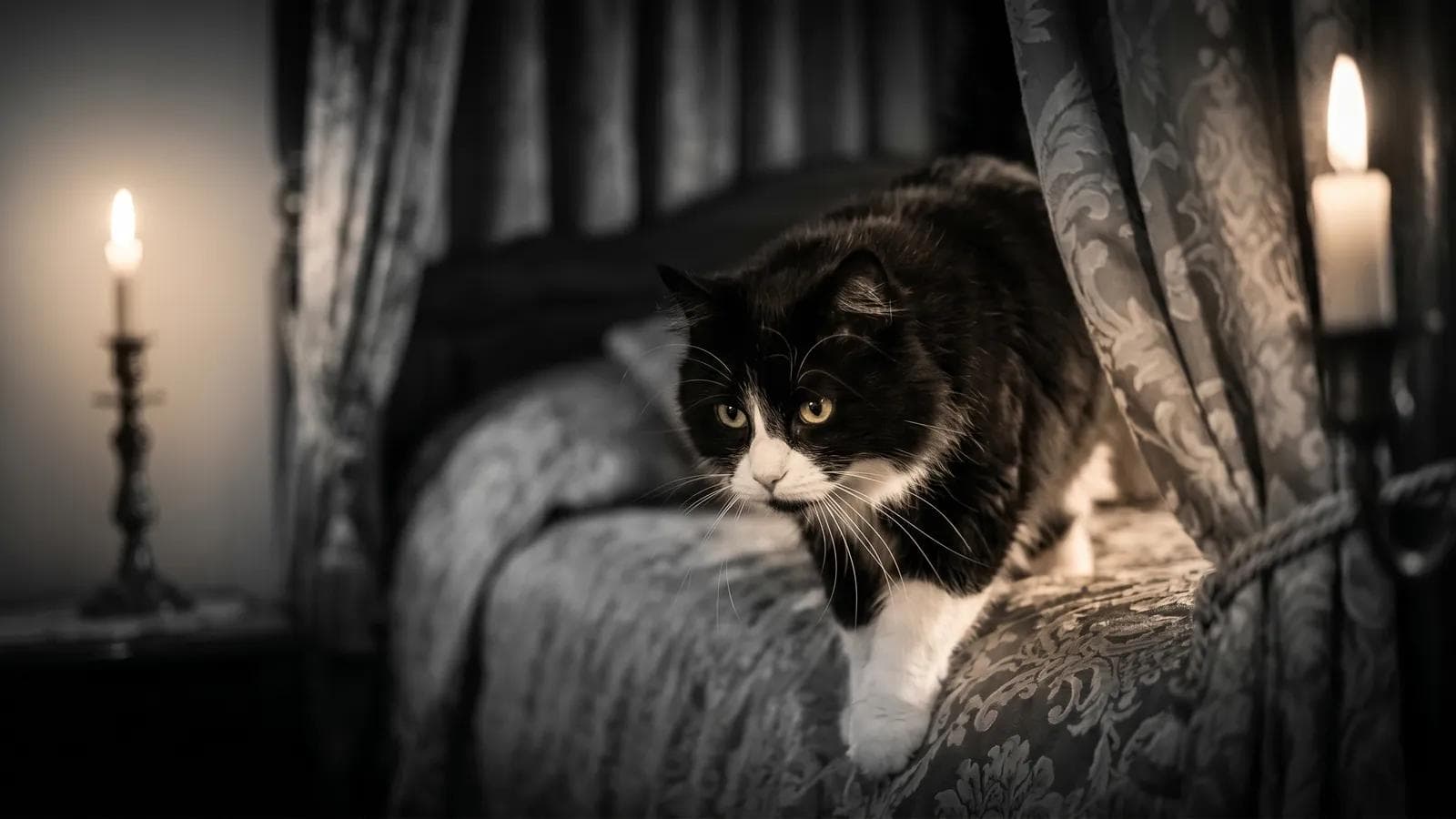 Tuxedo cat perched on a curtained four-poster bed lit by candlelight at night
