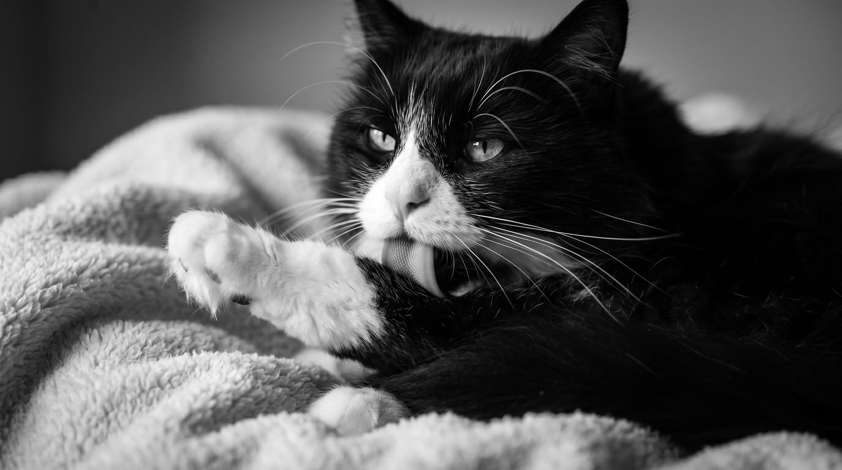 Close-up of Vino the tuxedo cat grooming his black fur with his tongue out, white paw visible against a cream blanket.