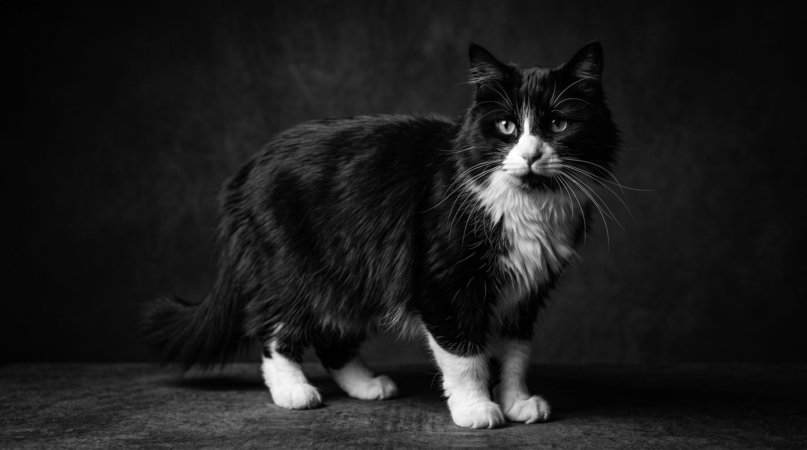 Tuxedo cat standing in profile against a dark studio backdrop, ears alert