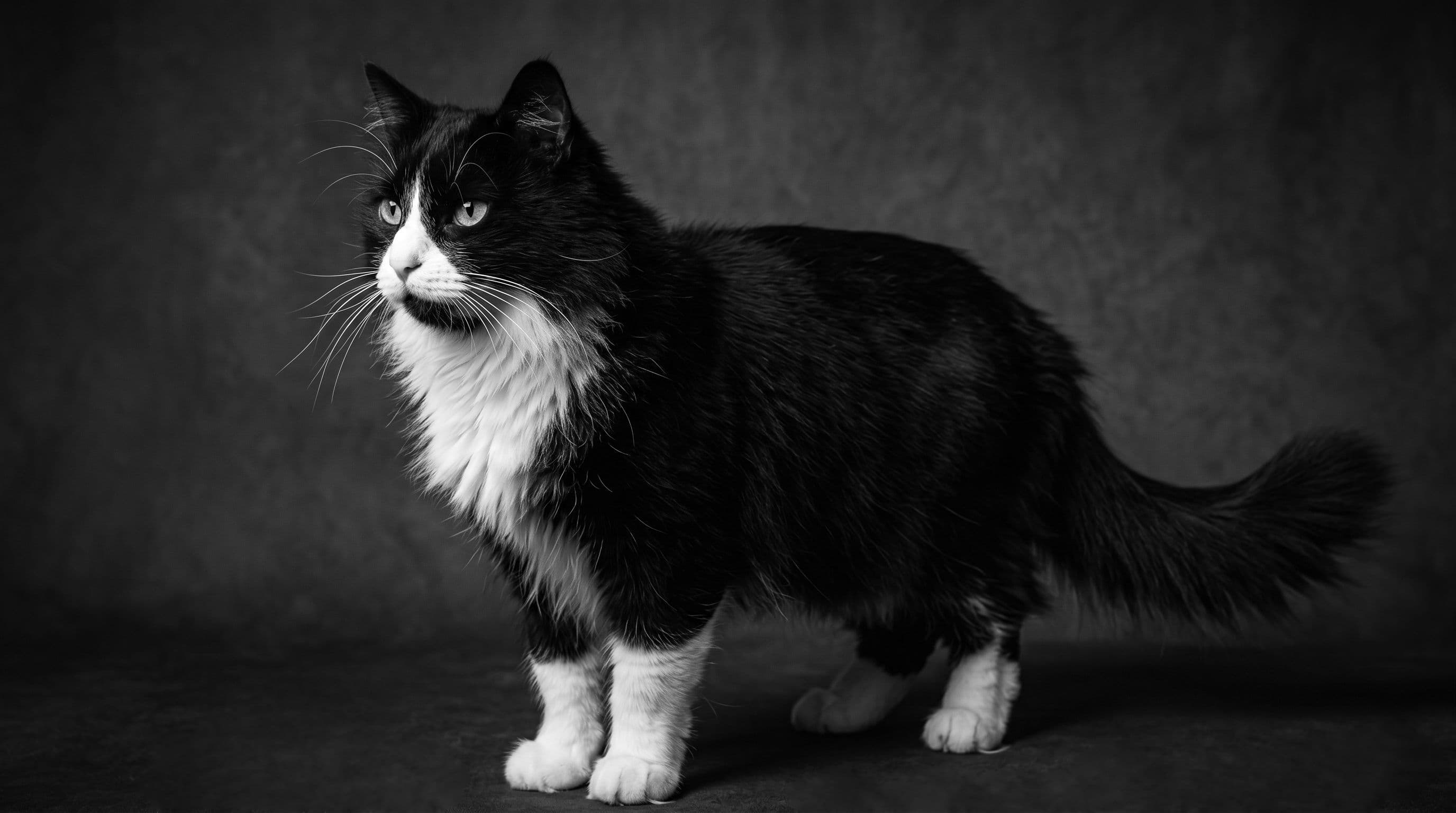 Tuxedo cat standing in profile against a dark textured studio backdrop
