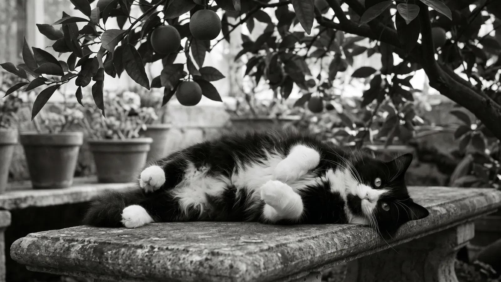 Tuxedo cat lying on a stone bench beneath a citrus tree among terracotta pots