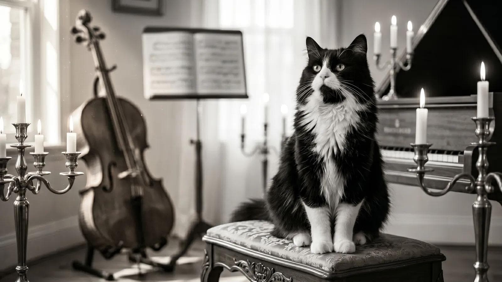 Tuxedo cat sitting on a piano bench beside lit candelabras and a cello in a music room