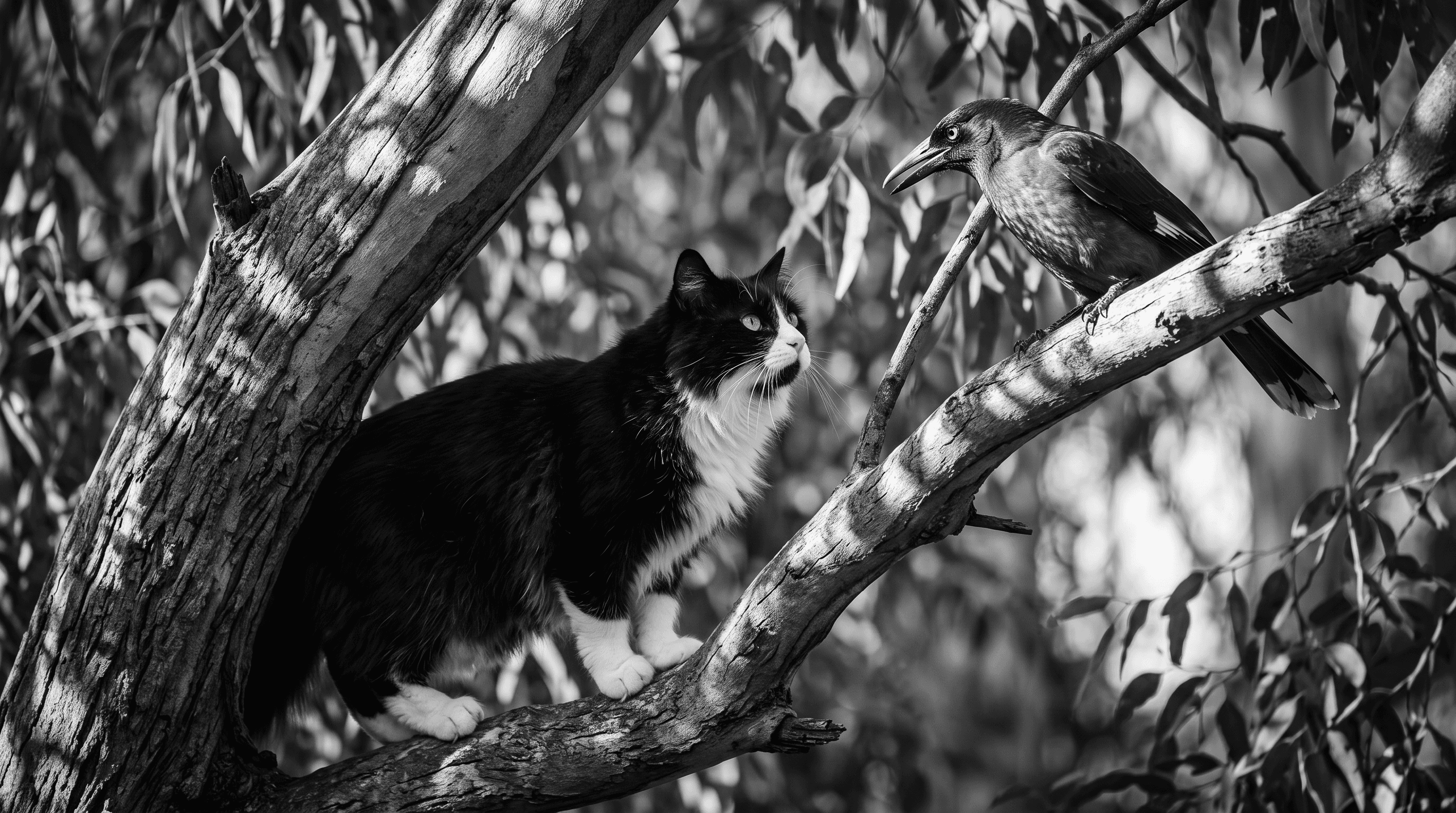 Tuxedo cat with green-yellow eyes watching a black currawong bird from a tree branch in an Australian bush setting