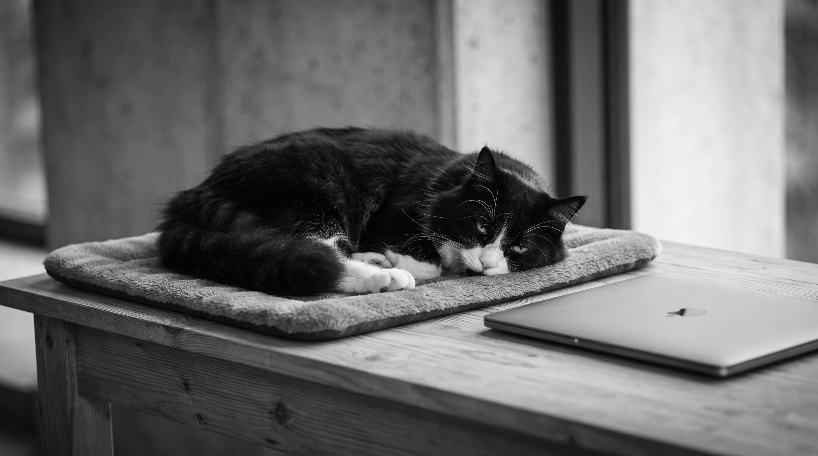 Tuxedo cat resting peacefully on a small warming mat at the edge of a wooden desk, laptop sitting open and undisturbed beside him.