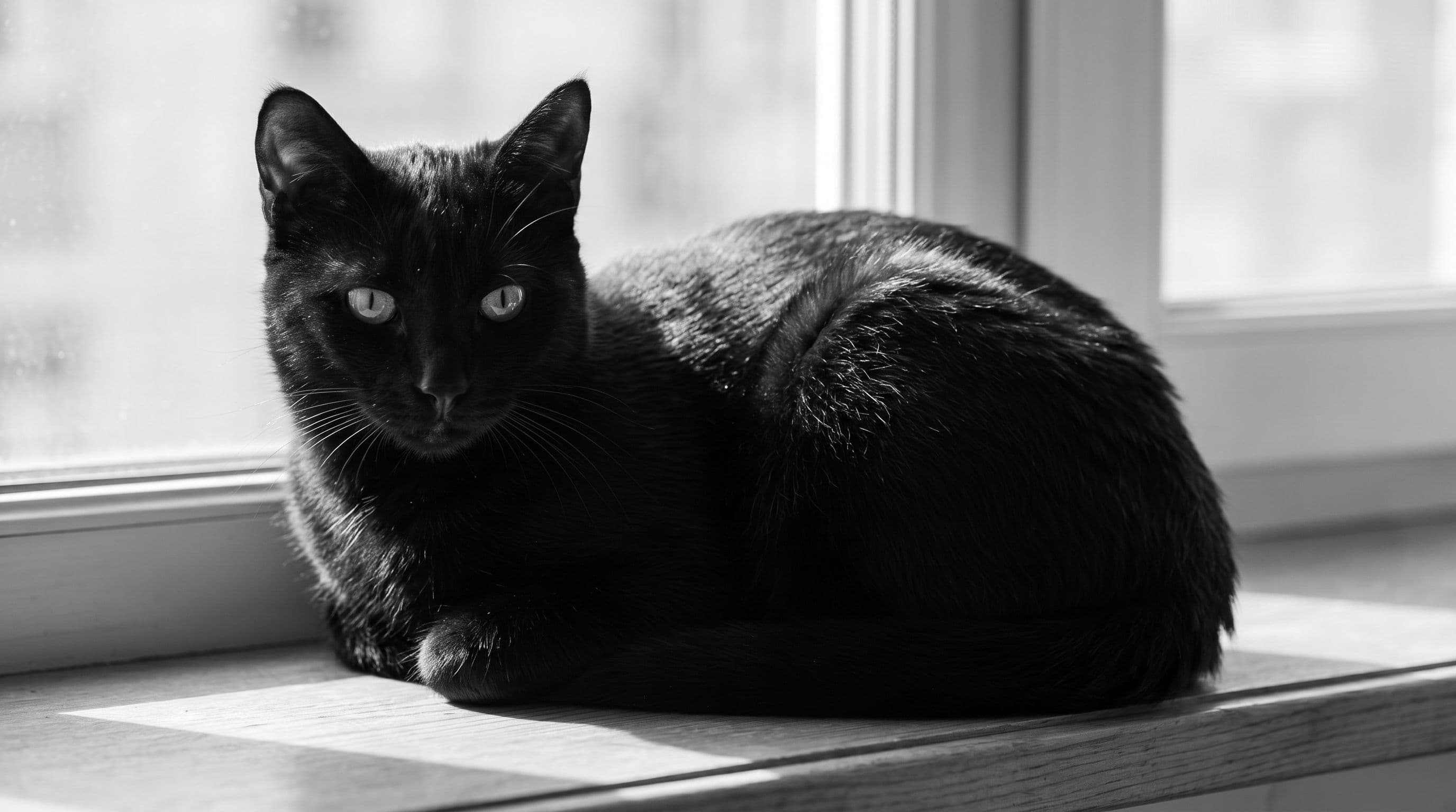 Slender all-black cat with a small white belly patch resting quietly on a bright windowsill in afternoon sun