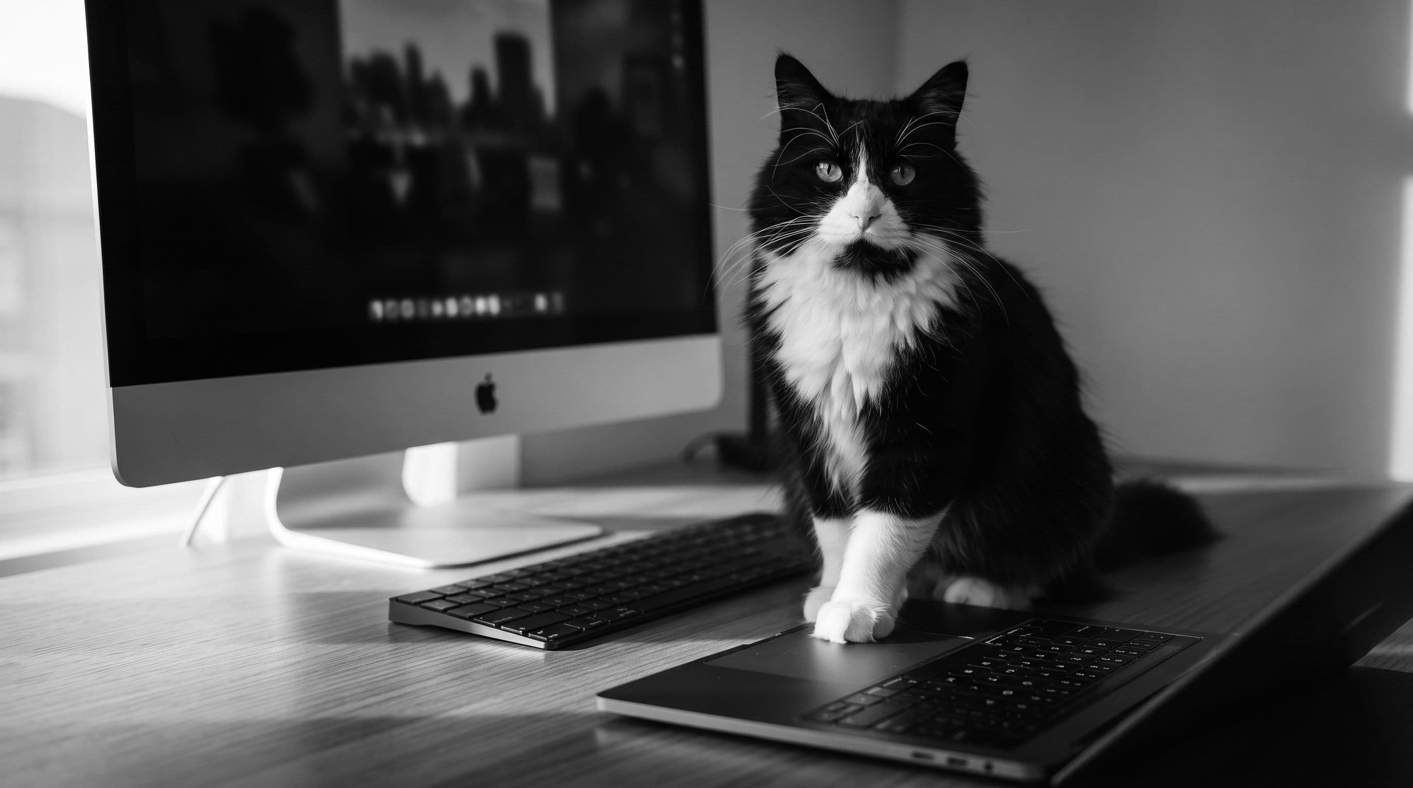 Tuxedo cat with white socked paws sitting on a desk between a computer monitor and keyboard, paw on the trackpad.