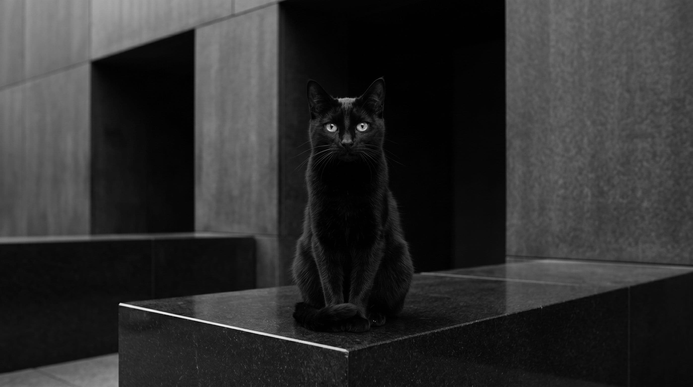 Black cat sitting on a concrete pedestal in a minimalist architectural space