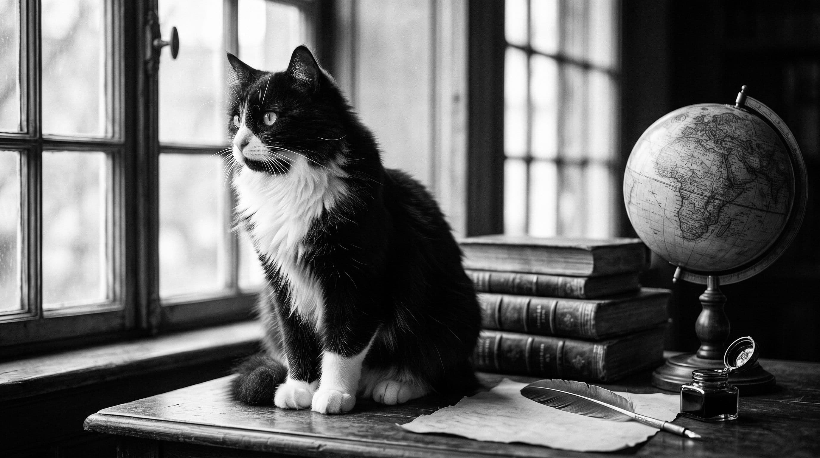Tuxedo cat sitting at a writing desk beside a globe and a stack of old books