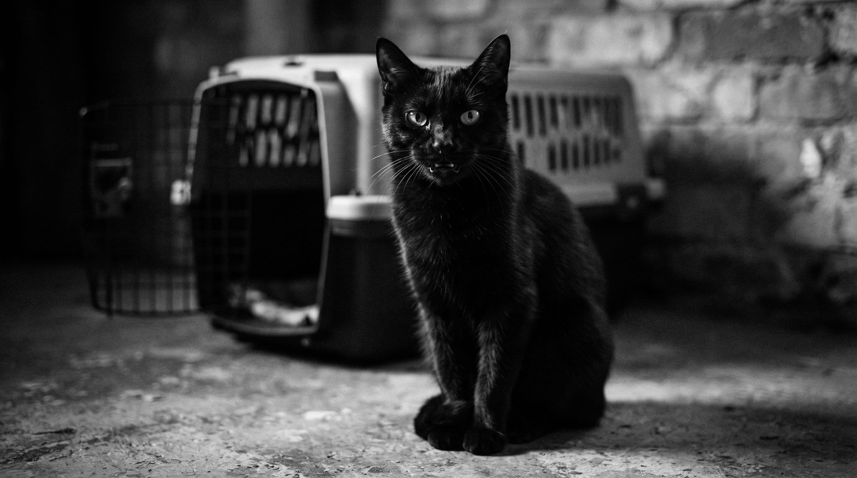 Sleek all-black cat sitting near a pet carrier staring forward with an intense and slightly antagonistic expression