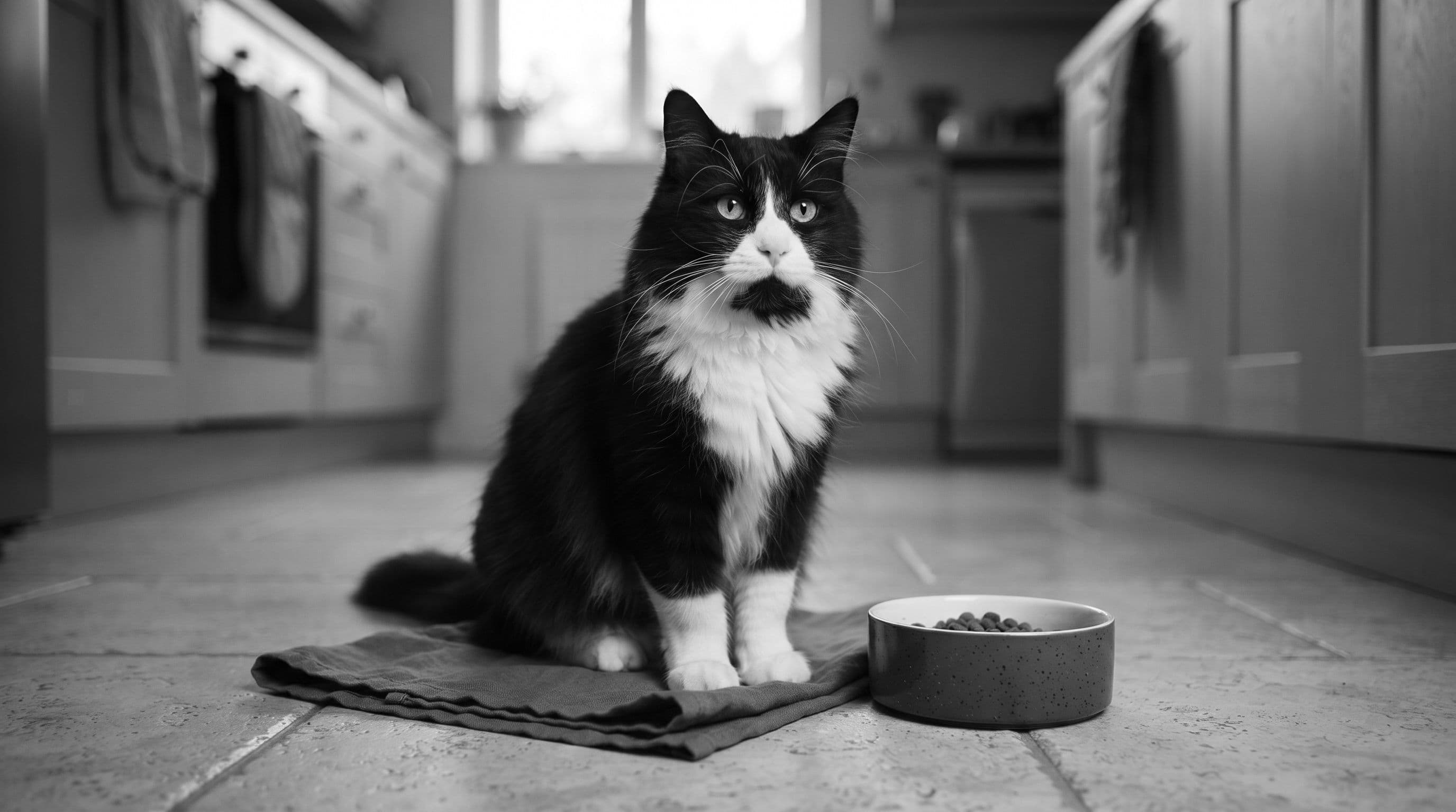 Black-and-white tuxedo cat sitting squarely on a small cloth beside a food bowl on a kitchen floor, looking smugly possessive