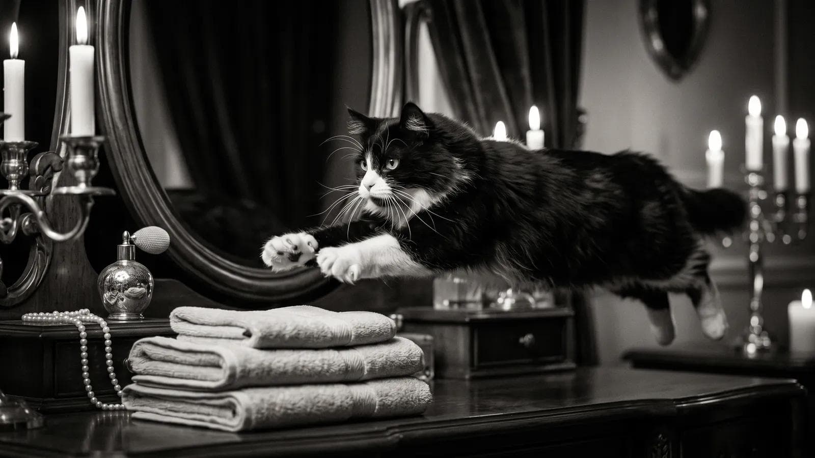 Tuxedo cat leaping toward a stack of folded towels on a candlelit vanity