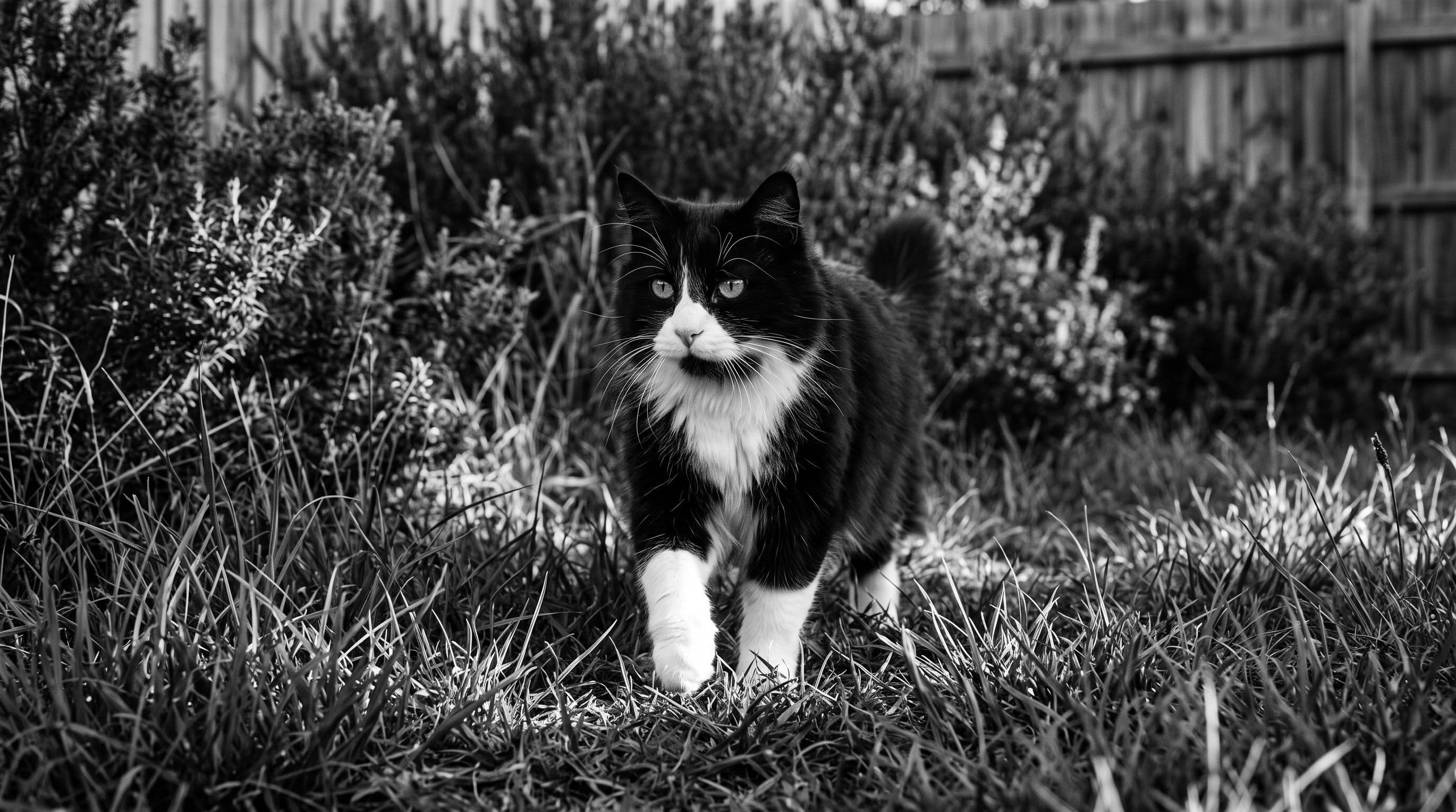 Tuxedo cat with white paws exploring a sunlit fenced yard with native Tasmanian bushland visible beyond the fence