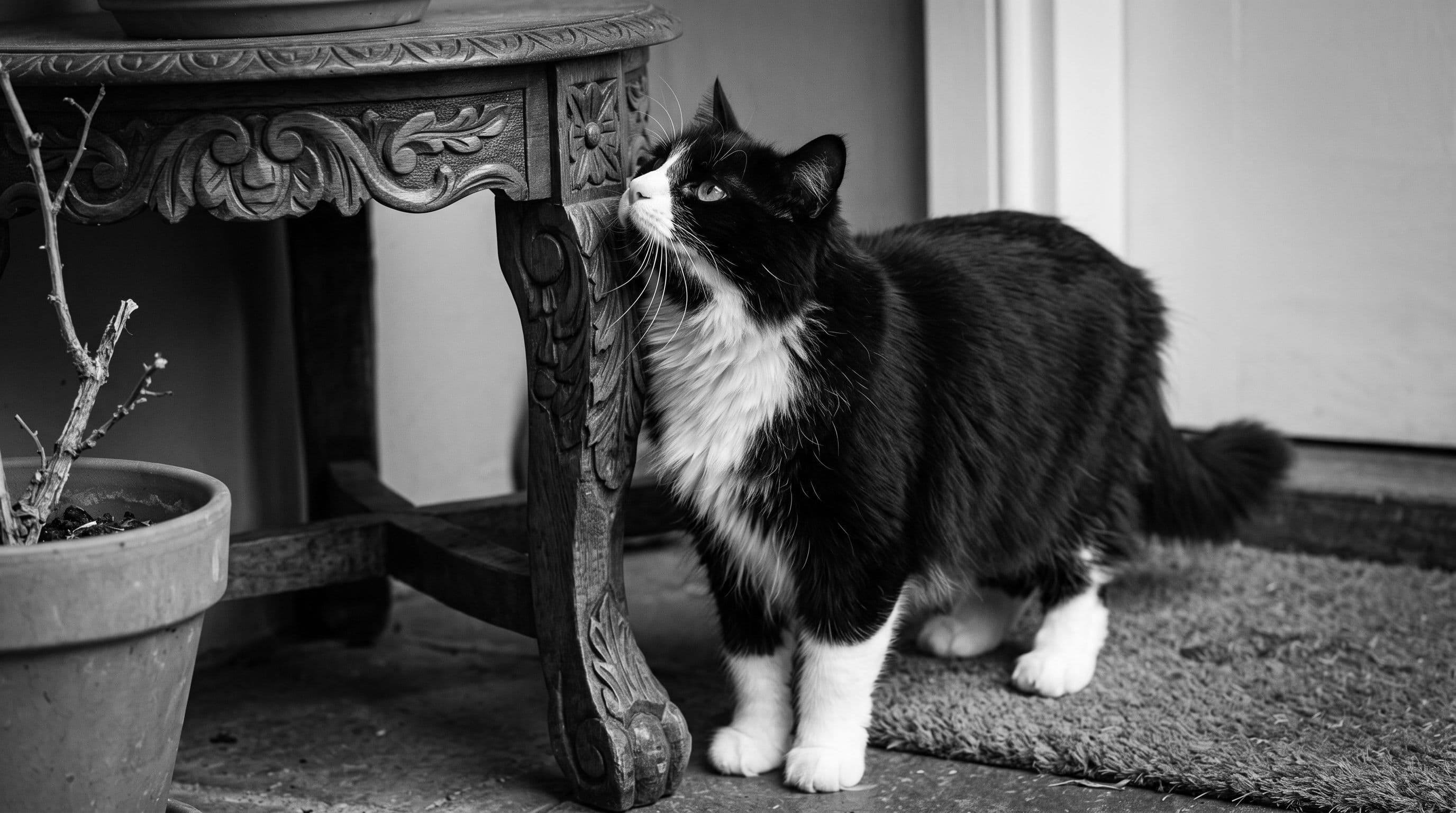 Black-and-white tuxedo cat rubbing against a wooden table leg with nose raised as if sniffing the air